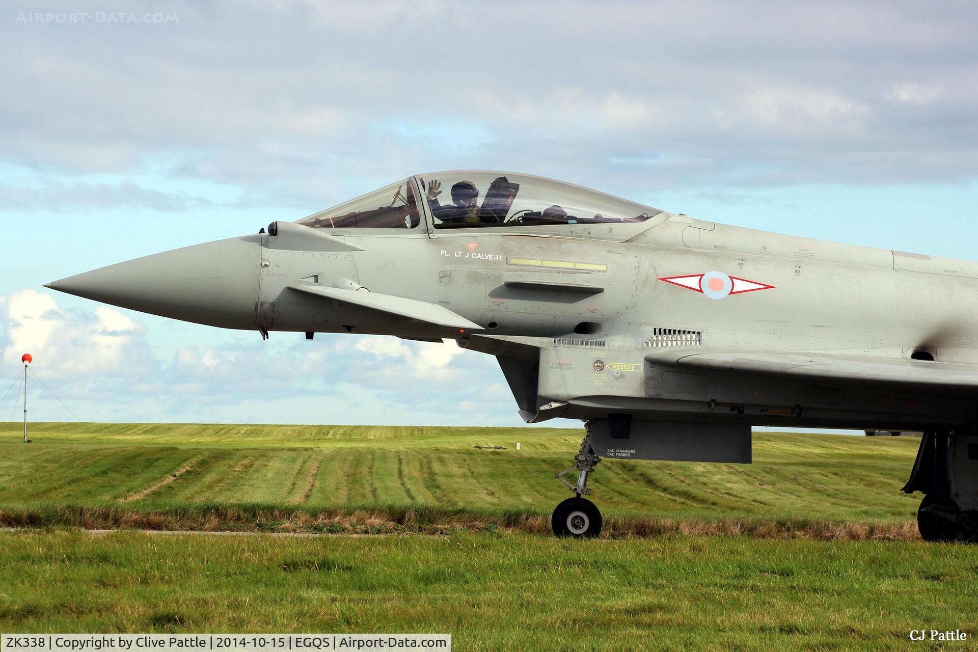 ZK338, 2012 Eurofighter EF-2000 Typhoon FGR4 C/N BS099/364, In action at RAF Lossiemouth with a friendly wave from the pilot whilst coded 'FF' of No.1 Sqn RAF
