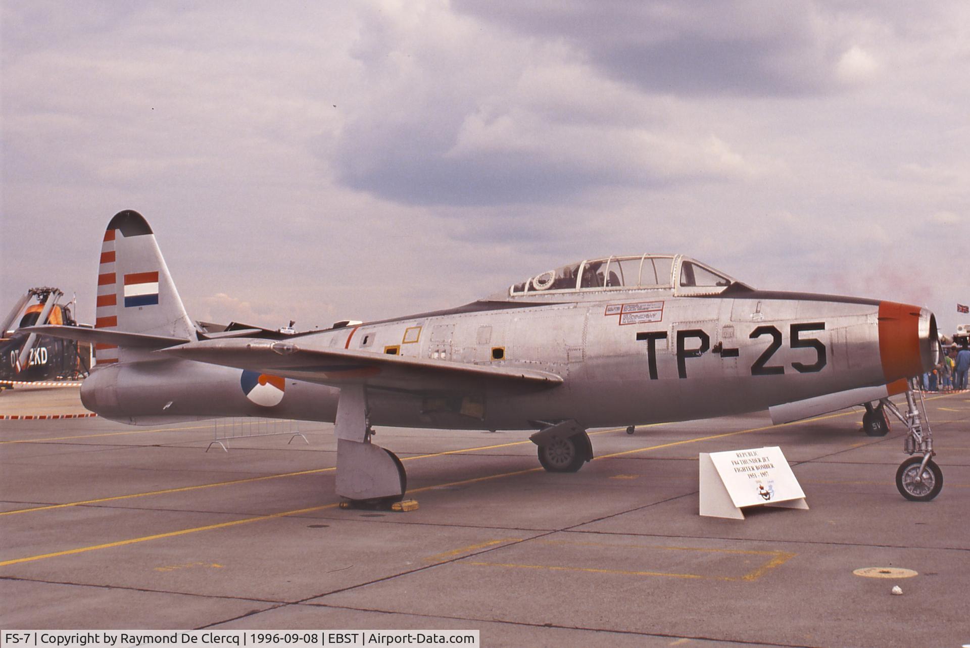 FS-7, Republic F-84E Thunderjet C/N 1358, At the Brustem Airshow on 8-9-1996. Celebrating 50 years Belgian Air Force.