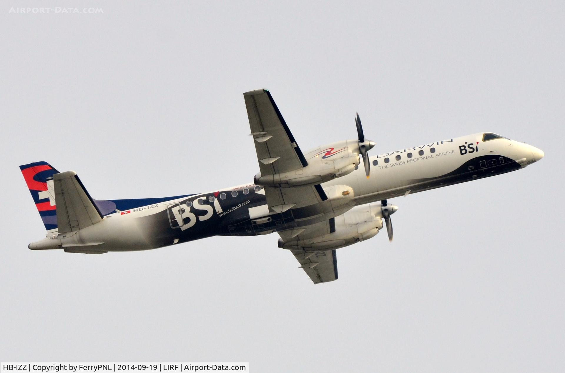 HB-IZZ, 1997 Saab 2000 C/N 2000-048, Darwin 's Saab departing FCO