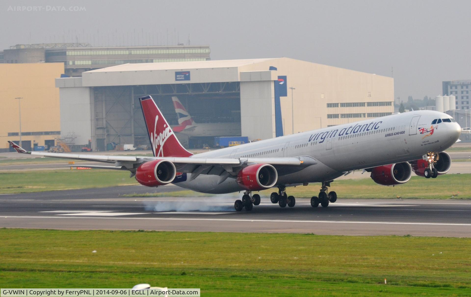 G-VWIN, 2006 Airbus A340-642 C/N 736, Lady Luck touching-down in LHR
