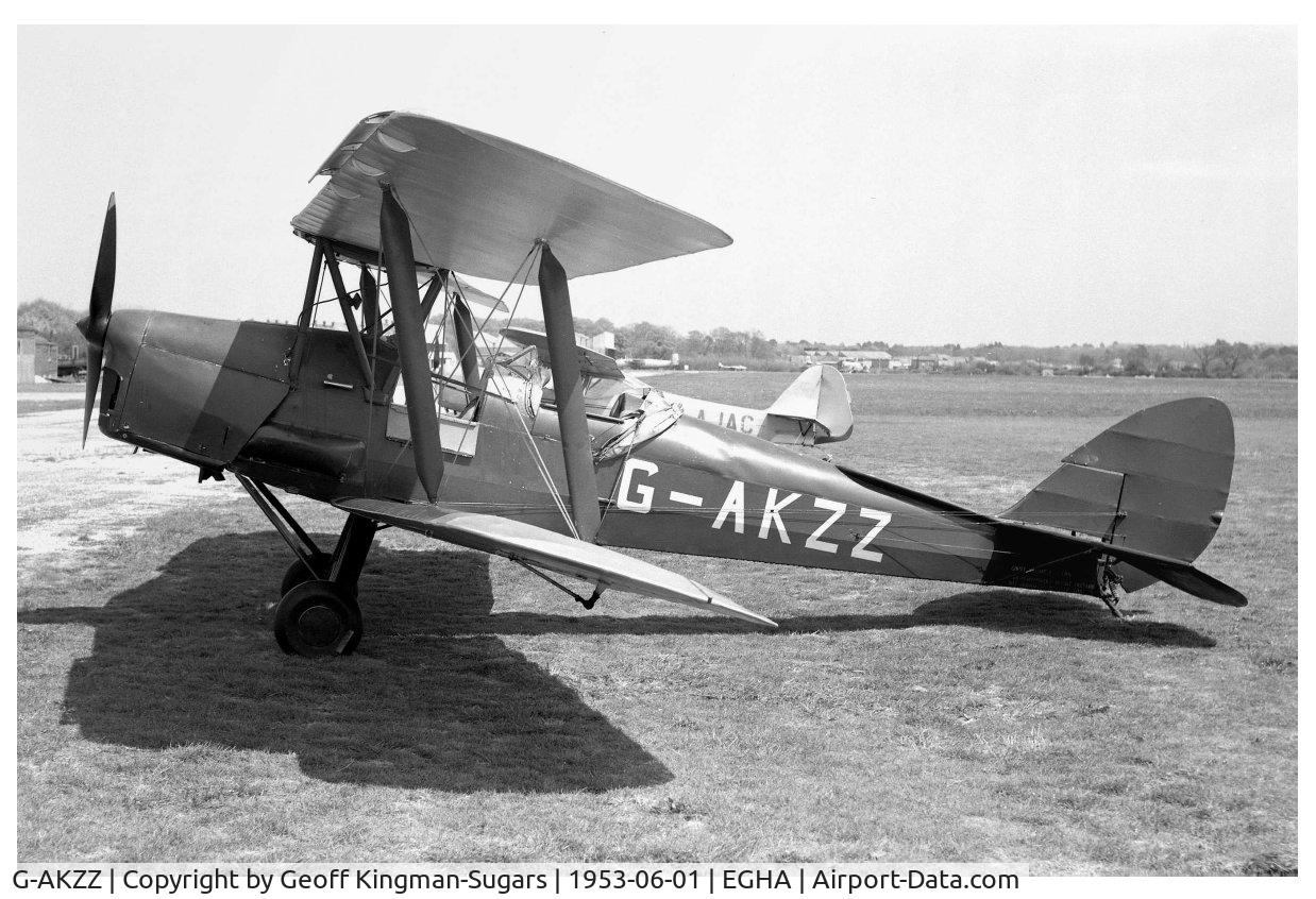 G-AKZZ, De Havilland DH-82A Tiger Moth II C/N 84105, Photo taken at Christchurch, Hants. (EGHA) - NOT Compton Abbas!
Aircraft crashed into sea off Bournemouth 06 June 1953 - Pilot uninjured except for dented pride.