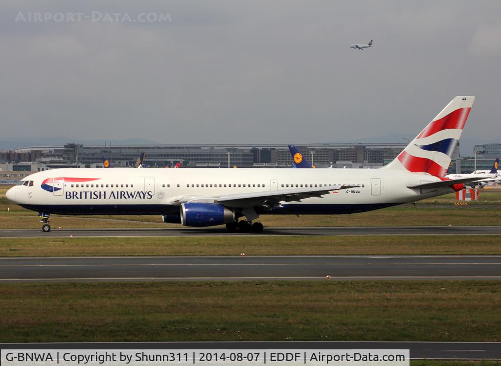 G-BNWA, 1989 Boeing 767-336 C/N 24333, Taxiing holding point rwy 18 for departure...
