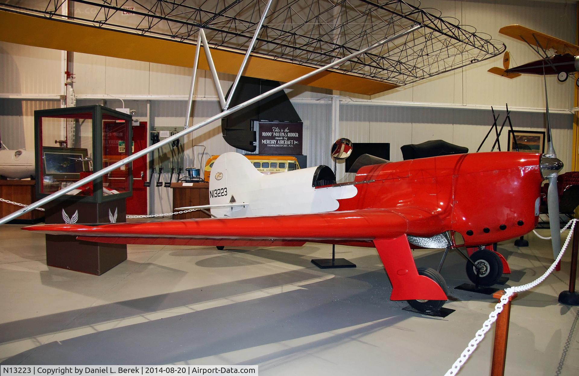 N13223, 1932 Mercury S-1 C/N 52, This very nice aircraft has been restored and is on display at the Glenn H. Curtiss Museum.