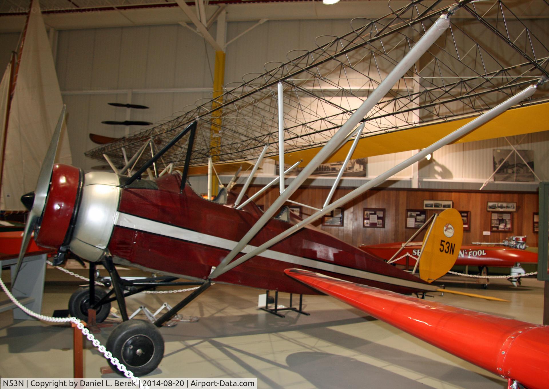 N53N, 1929 Mercury Chic C/N Not found N53N, This very nice Golden Age parasol wing aircraft is on display at the Glenn H. Curtiss Museum.