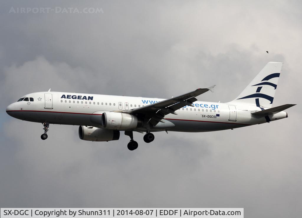SX-DGC, 2009 Airbus A320-232 C/N 4094, Landing rwy 25L with additional website titles on the rear fuselage