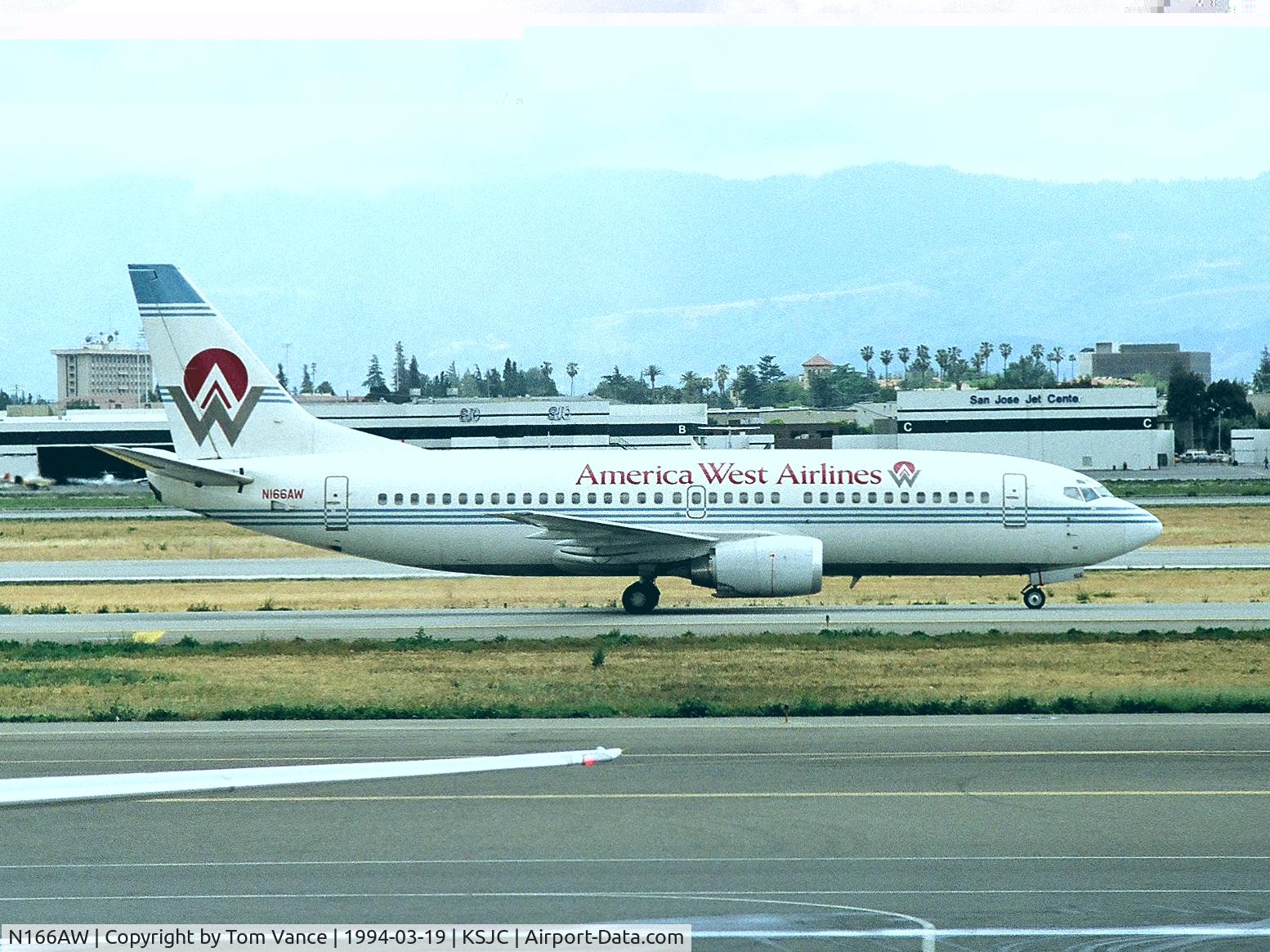 N166AW, 1986 Boeing 737-33A C/N 23627, America West 737 taxis to 12R at San Jose,CA/date apprx