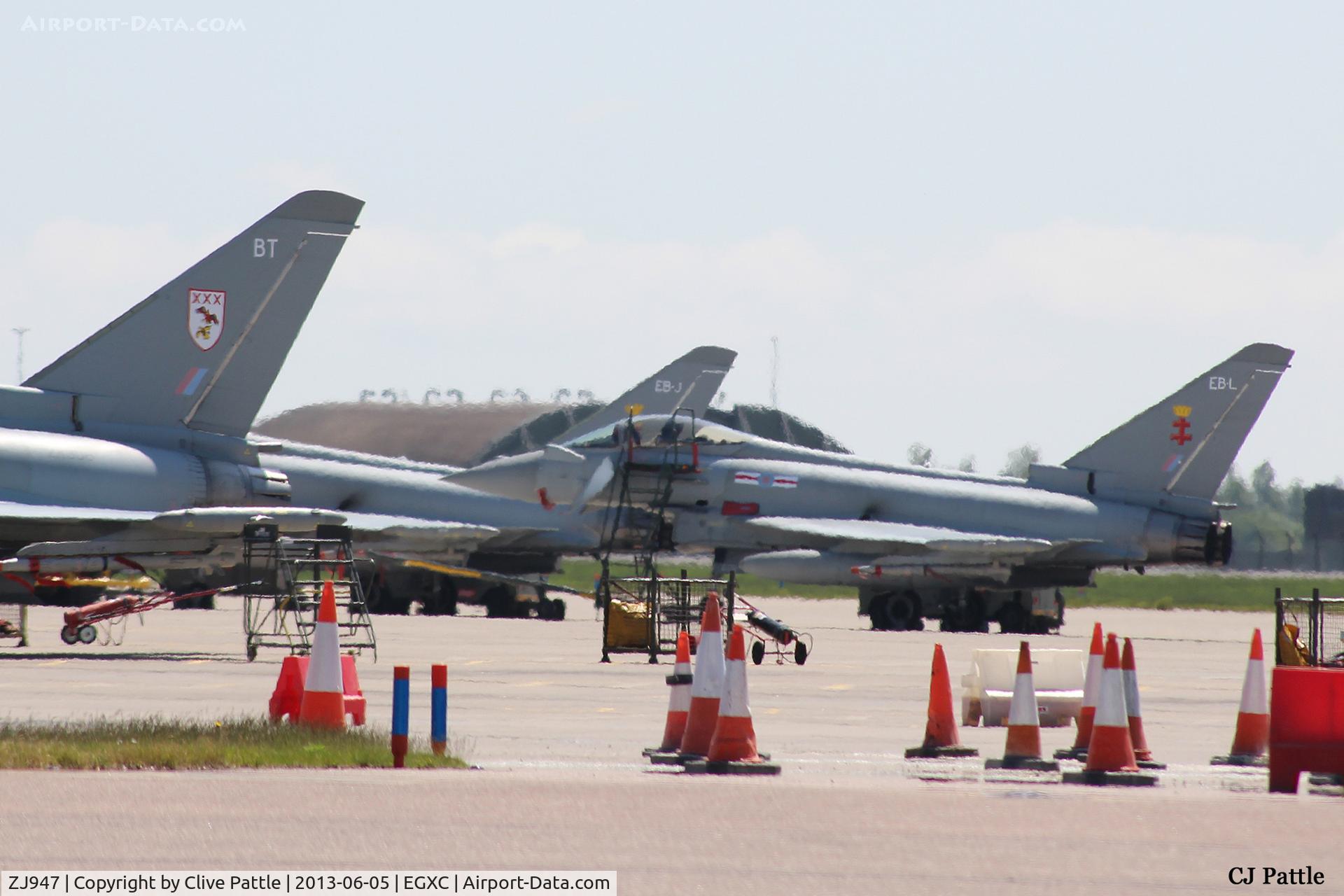 ZJ947, 2008 Eurofighter EF-2000 Typhoon FGR4 C/N 0159/BS040, Seen through the heat haze at its base at RAF Coningsby whilst coded 'EB-L' with 41 R TES