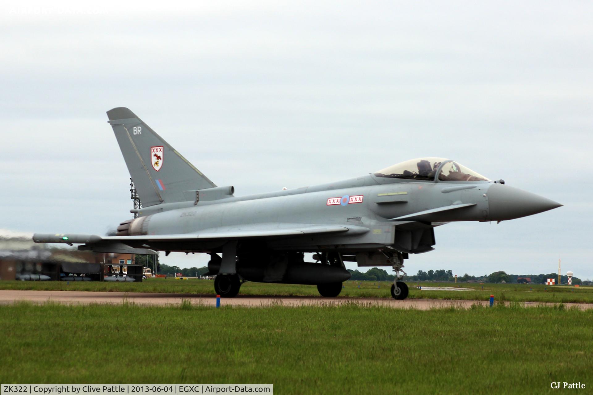 ZK322, 2011 Eurofighter EF-2000 Typhoon FGR4 C/N BS083/319, Taxying for departure at RAF Coningsby whilst coded 'BR' with the resident 29 R Sqn RAF