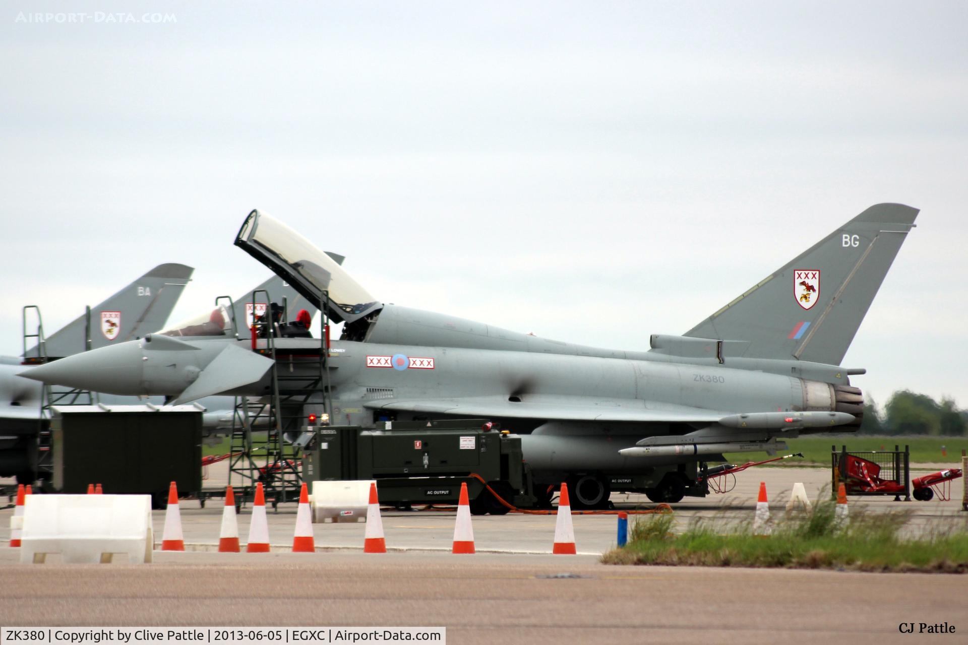 ZK380, 2010 Eurofighter EF-2000 Typhoon T.3 C/N BT025/270, Pictured on the busy ramp coded 'BG' with the resident 29 R Sqn at RAF Coningsby