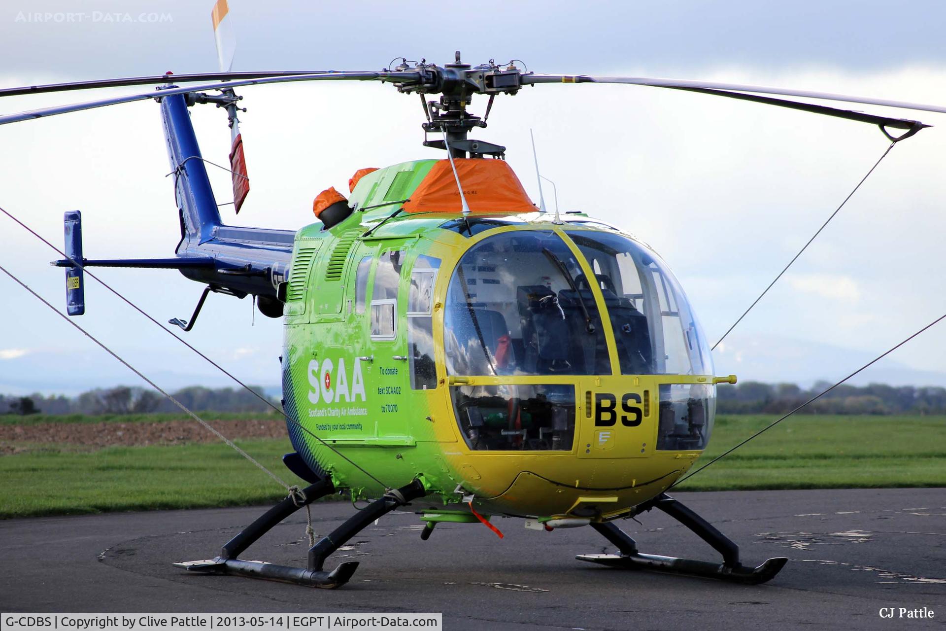 G-CDBS, 1985 MBB Bo.105DBS-4 C/N S.738, The Scottish Air Ambulance parked up at its base at Perth EGPT, awaiting its next call to duty