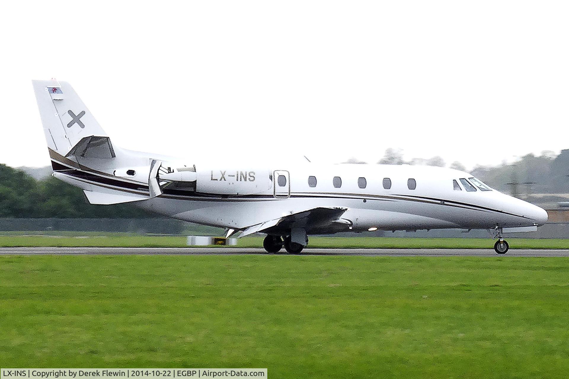 LX-INS, 2007 Cessna 560 Citation Excel C/N 560-5727, Visiting Citation, Luxembourg based, previously N5192E, VH-NGA, seen shortly after landing on runway 26 at EGBP.