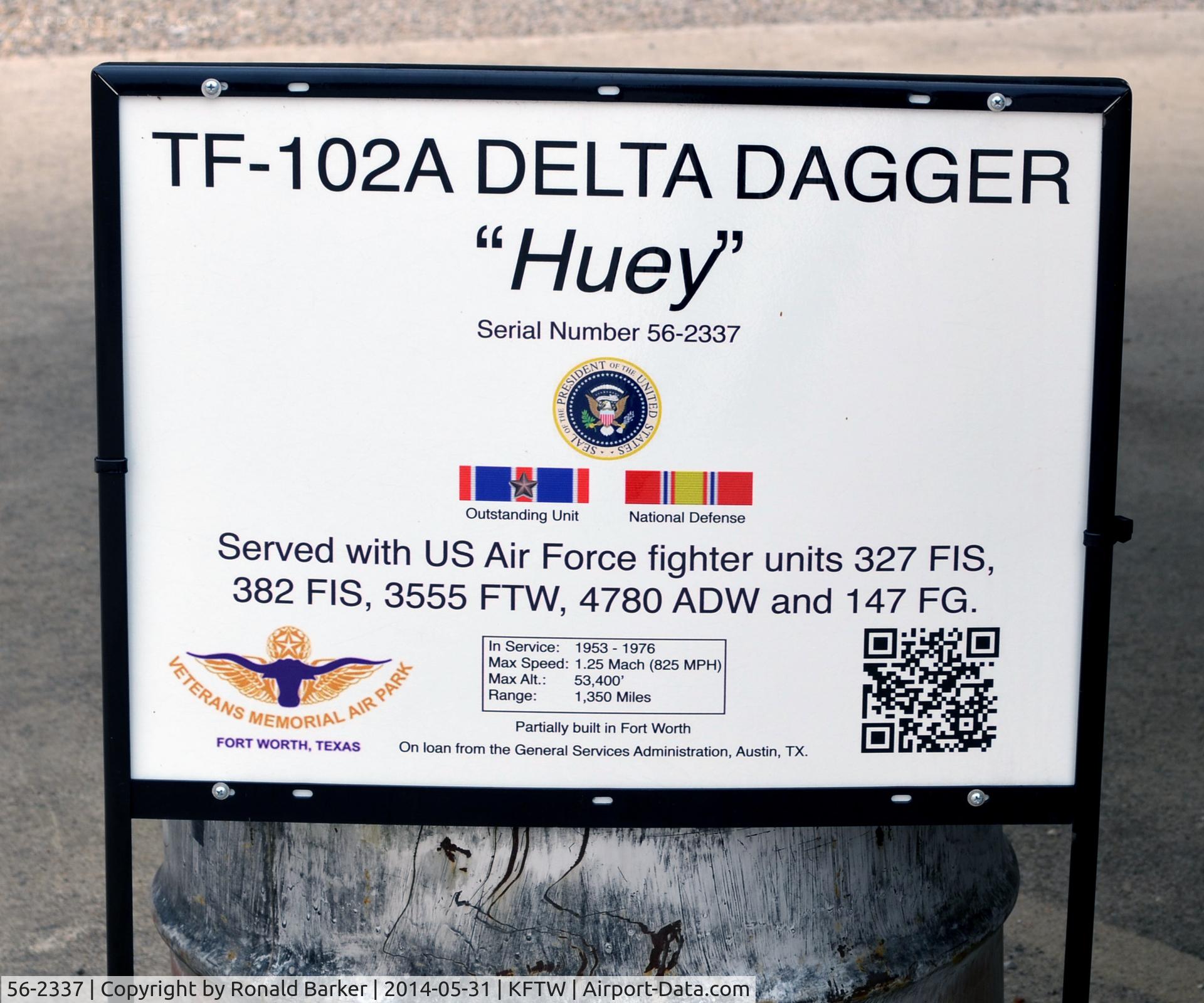 56-2337, 1956 Convair TF-102A Delta Dagger C/N Not found 56-2337, Two Seat TF-102A Fort Worth Aviation Museum
