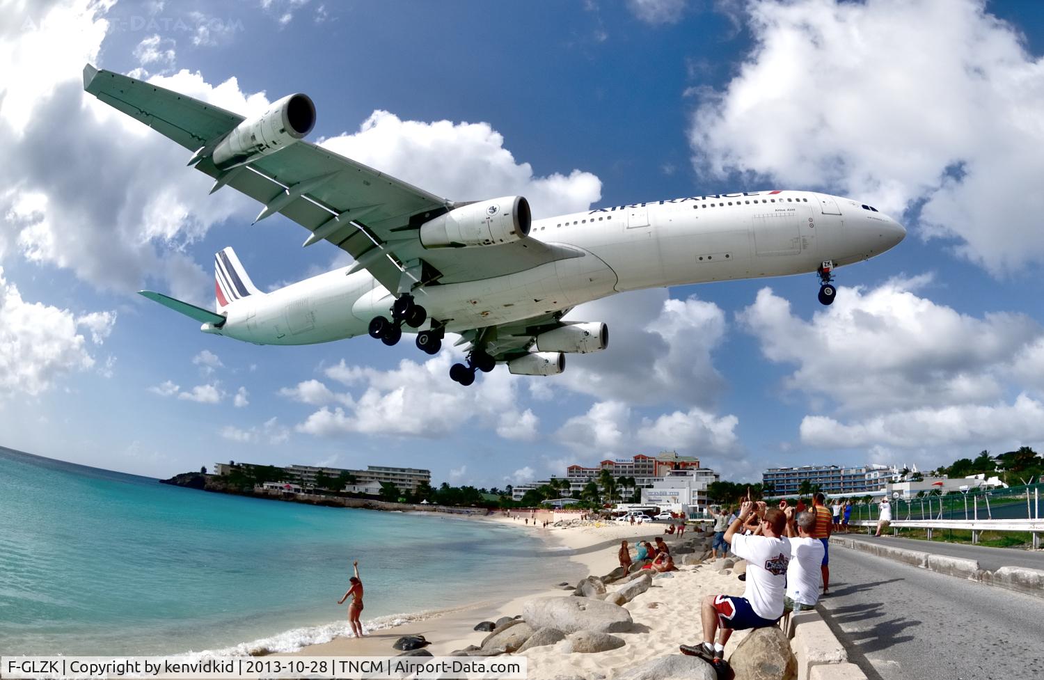 F-GLZK, 1997 Airbus A340-313X C/N 207, On short finals to St Maarten, Nikkor fisheye.