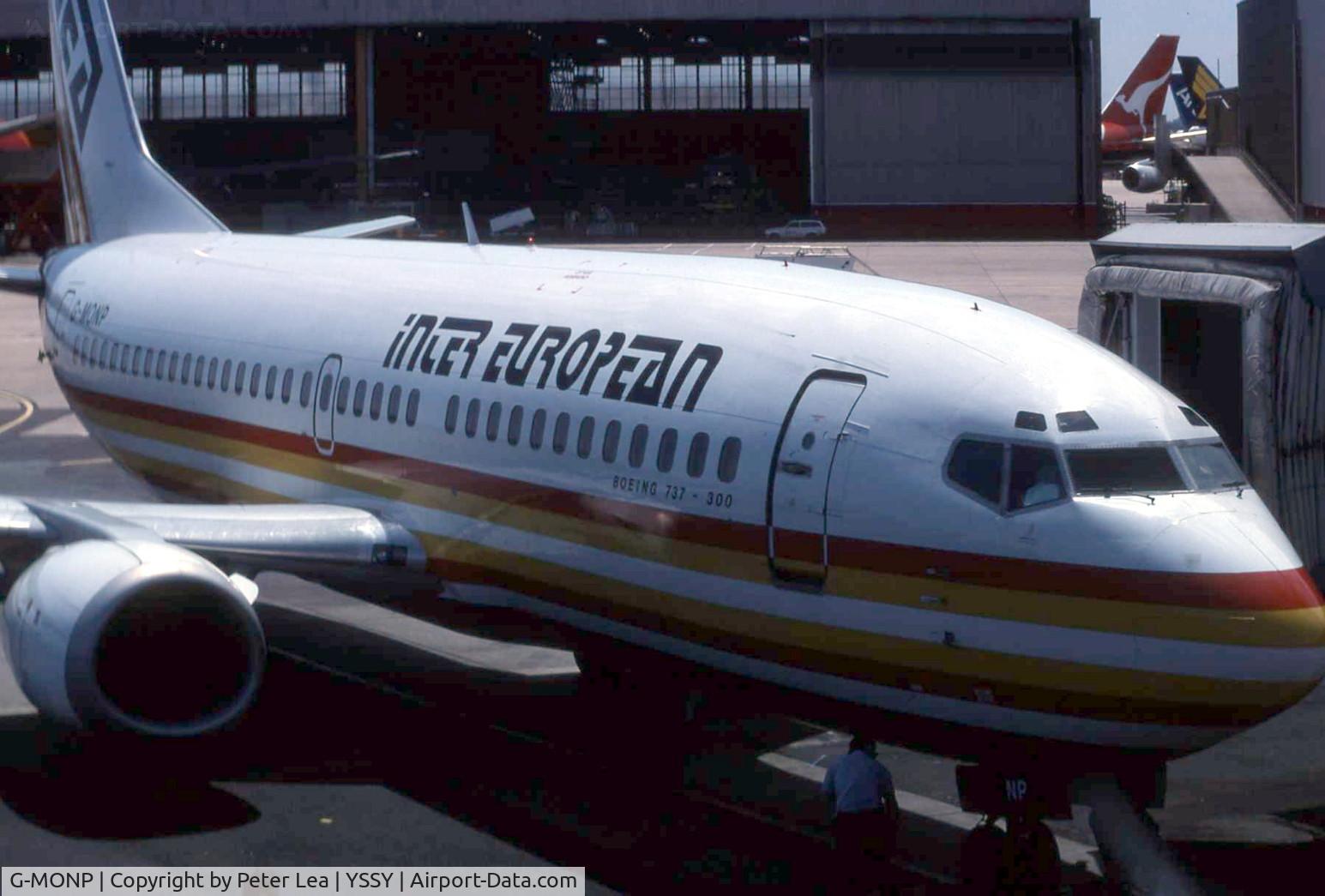 G-MONP, 1988 Boeing 737-33A(QC) C/N 24028, Interocean Boeing 737 G-MONP at Sydney Airport in 1989. Aircraft was leased to Australian Airlines to operate domestic flights in Australia during an Airline Pilots strike.