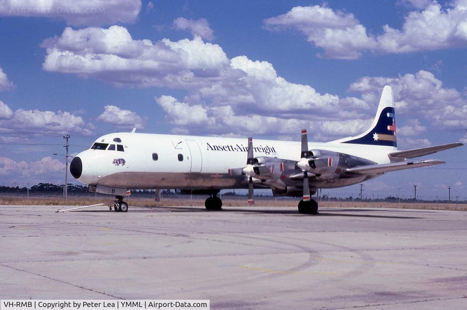 VH-RMB, 1959 Lockheed L-188A(F) Electra C/N 1047, Ansett Air Cargo Lockheed L188 Electra VH-RMB at Melbourne Airport. Photo taken during 1983