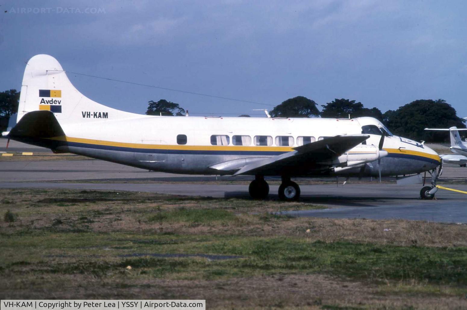 VH-KAM, 1957 De Havilland DH-114 Heron 2D C/N 14123, DH Heron VH-KAM of Avdev at Sydney Airport during 1982