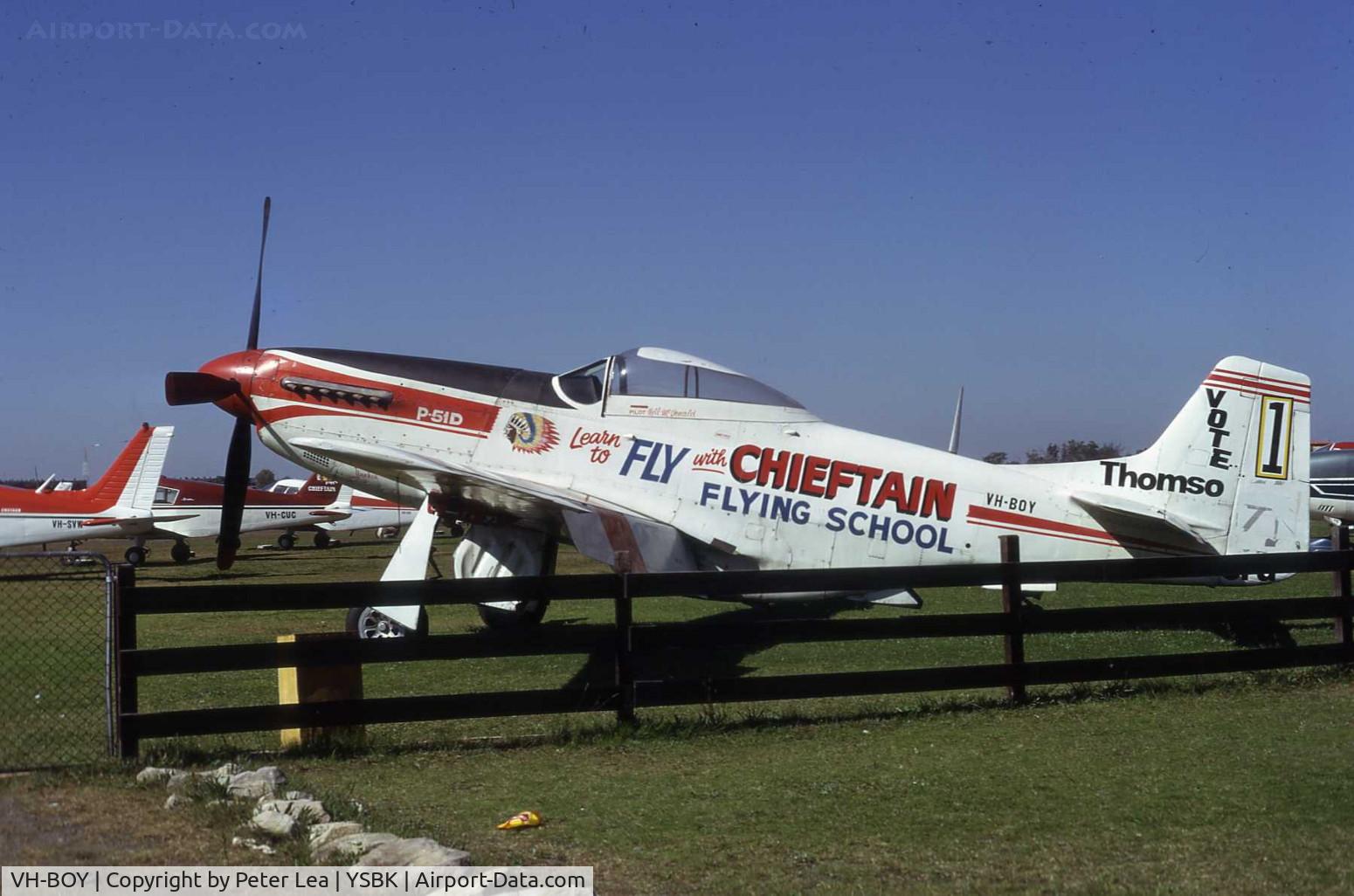 VH-BOY, Commonwealth CA-18 Mustang 20 C/N 1364, CAC Mustang VH-BOY (ex RAAF A68-39) seen at Bankstown Airport during 1975
