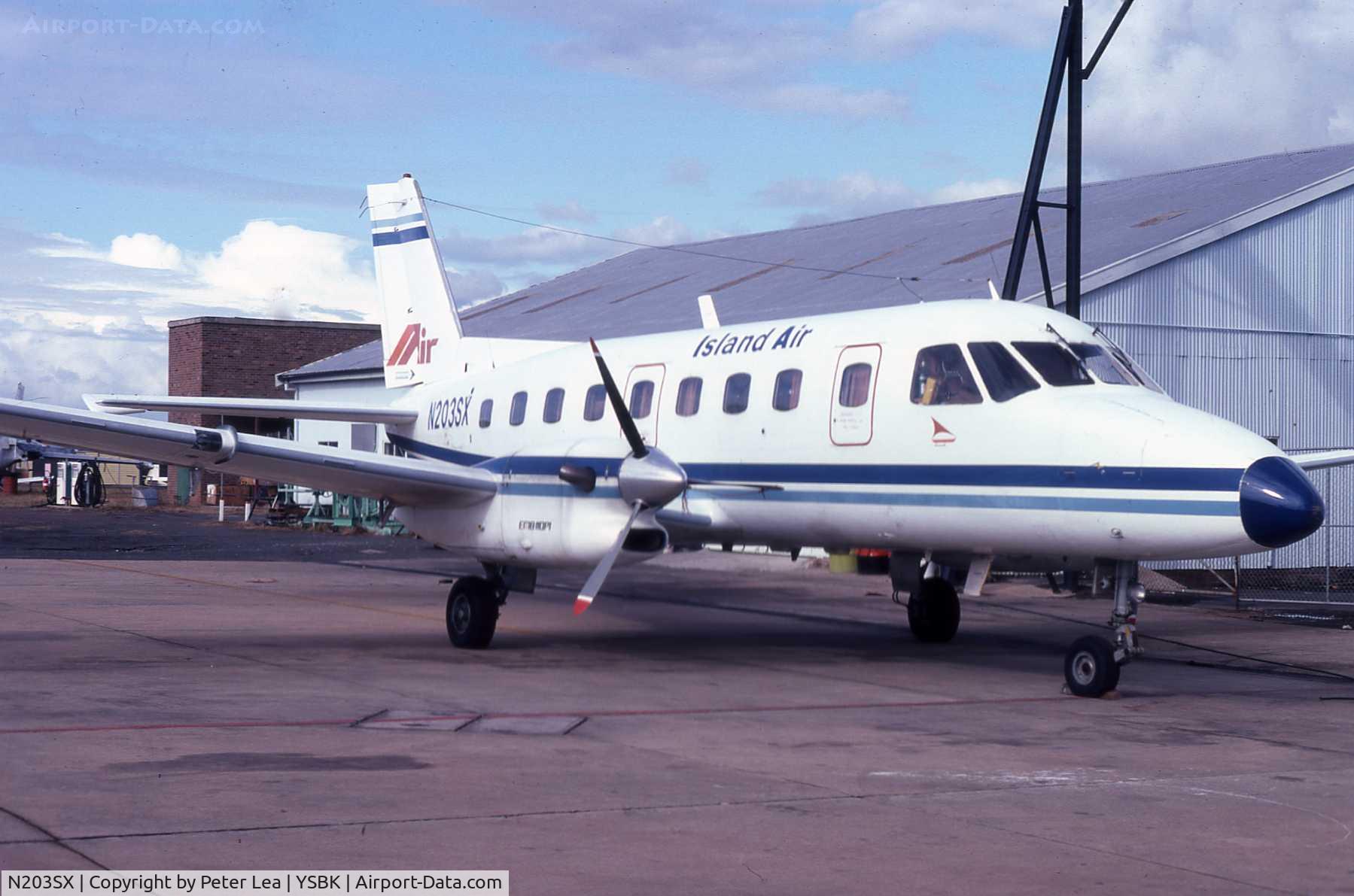 N203SX, 1979 Embraer EMB-110P1 Bandeirante C/N 110236, This aircraft was photographed at Bankstown in 1982 as ex IslandAir N203SX. It took up Australian rego VH-HVS and served with Eastern Australia Airlines