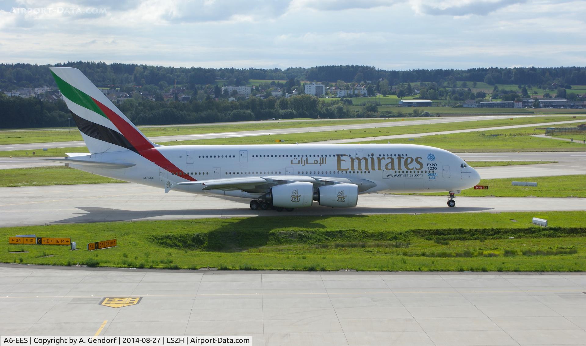 A6-EES, 2013 Airbus A380-861 C/N 140, Emirates, is here taxiing to RWY 16 at Zürich-Kloten(LSZH), bound for Dubai(OMDB)