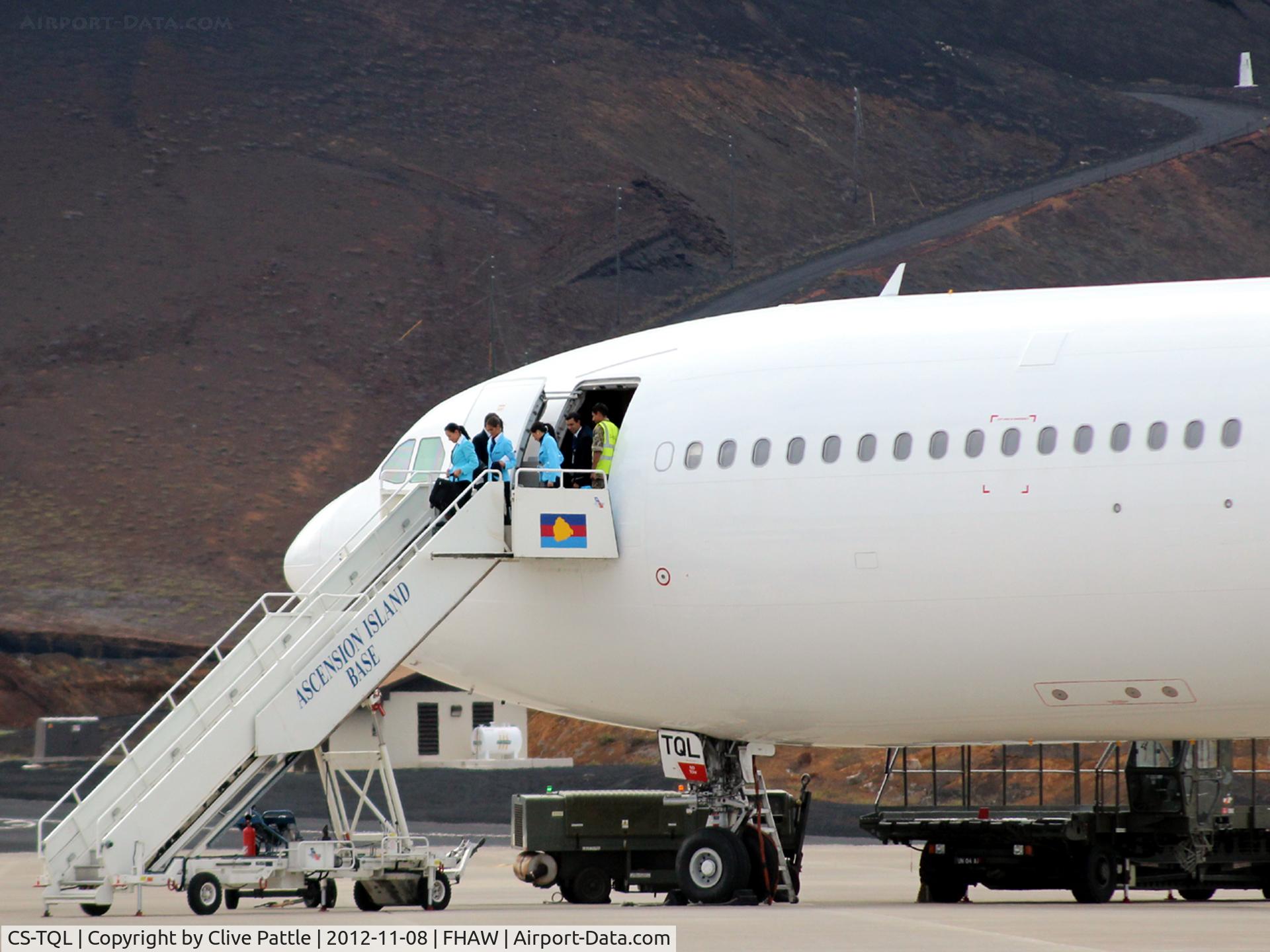 CS-TQL, 1996 Airbus A340-312 C/N 133, On the ramp at FHAW Ascension Island during a stop-over from EGVN RAF Brize Norton to EGYP RAF Mount Pleasant on the frequent Falkland Islands Charter. This aircraft was scrapped at Kemble three months later.