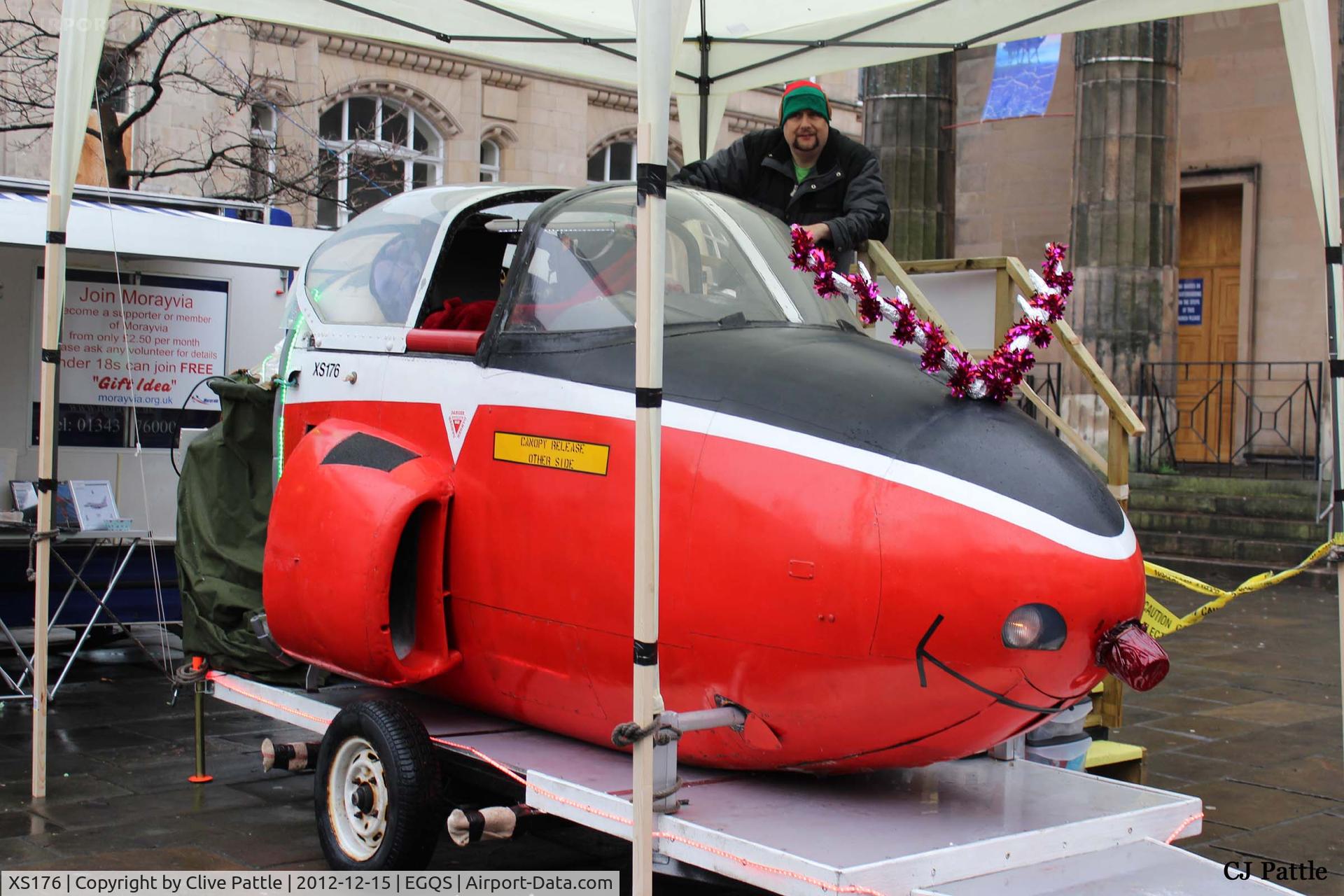 XS176, 1964 BAC P-84 Jet Provost T.4 C/N PAC/W/22162, Cockpit Section of XS176 being decked out for a fundraising stint in Elgin, Morayshire in December 2012. Owned by the local aviation group Morayvia. EGQS used for geographical reference only.