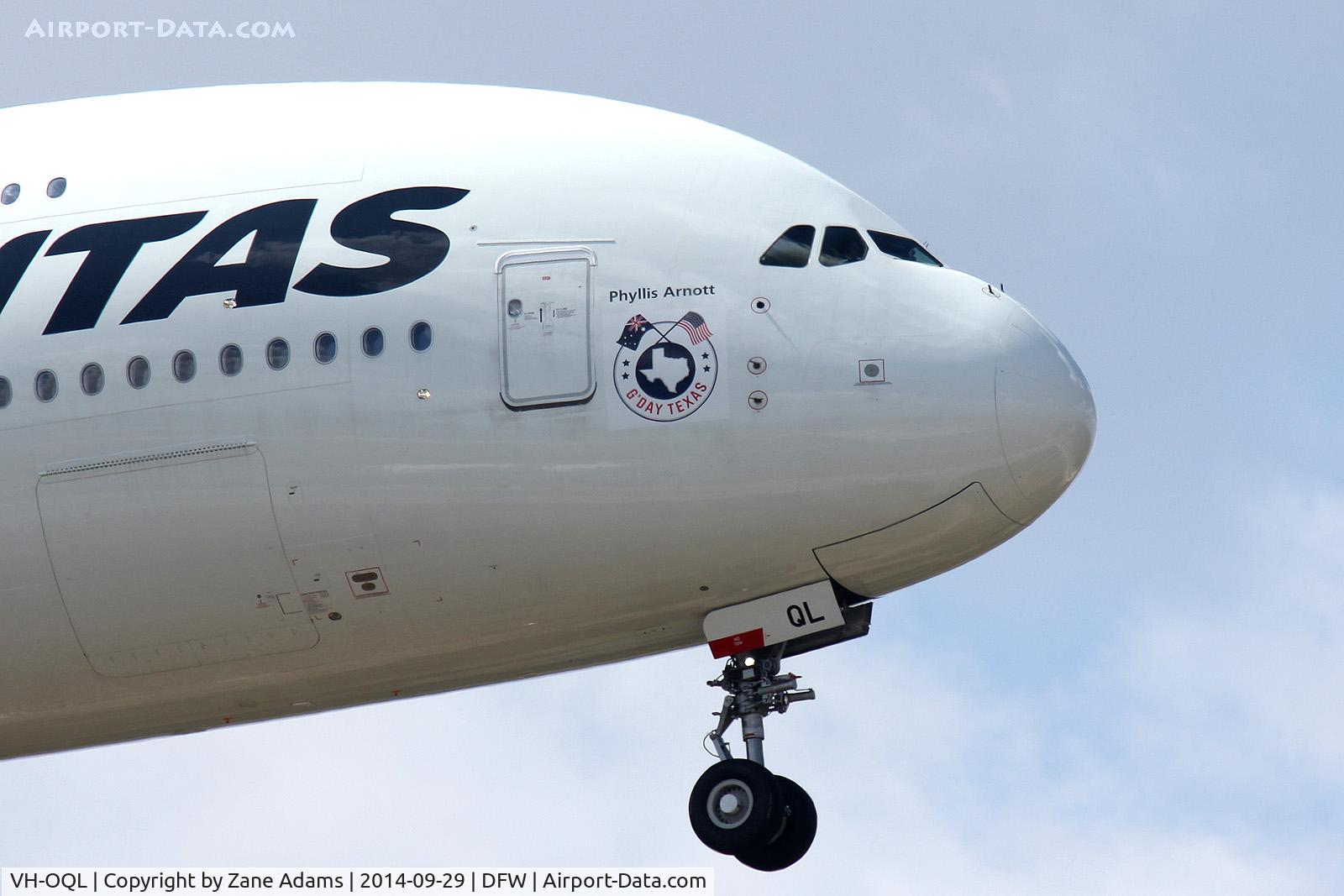 VH-OQL, 2011 Airbus A380-842 C/N 074, First scheduled A380 flight to DFW Ariport