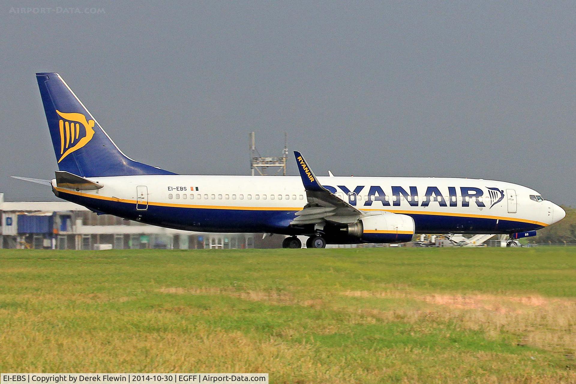 EI-EBS, 2009 Boeing 737-8AS C/N 35001, Boeing 737-8AS, callsign Ryanair 4760, seen departing runway 12 at EGFF, en-route to Tenerife Sur.