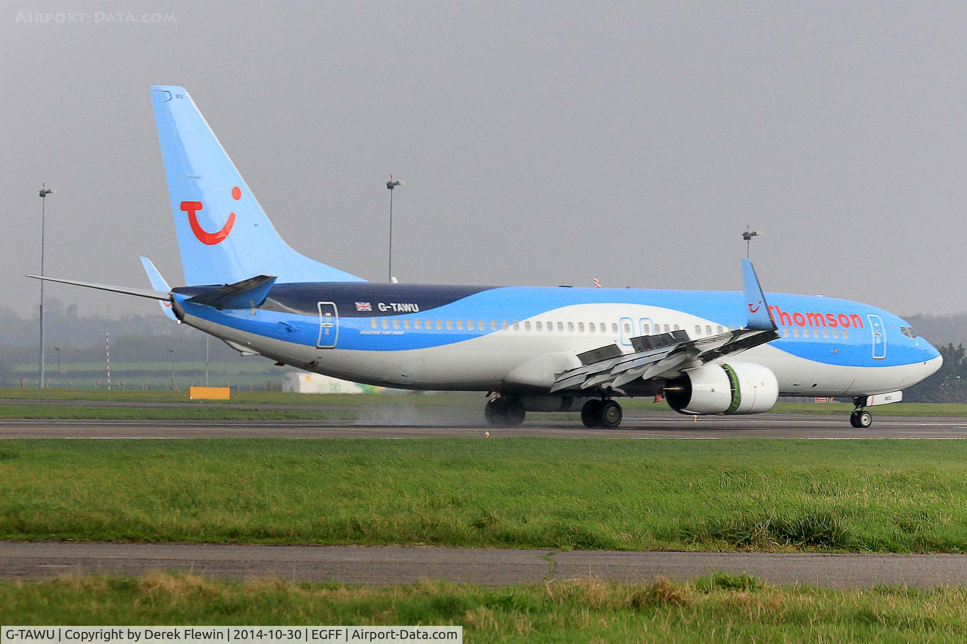 G-TAWU, 2014 Boeing 737-8K5 C/N 37263, 737-8K5, Thomson Airlines, previously N1786B, N1787B, Callsign Thomson 4HE, seen landing on runway 12 at EGFF, out of Malaga.