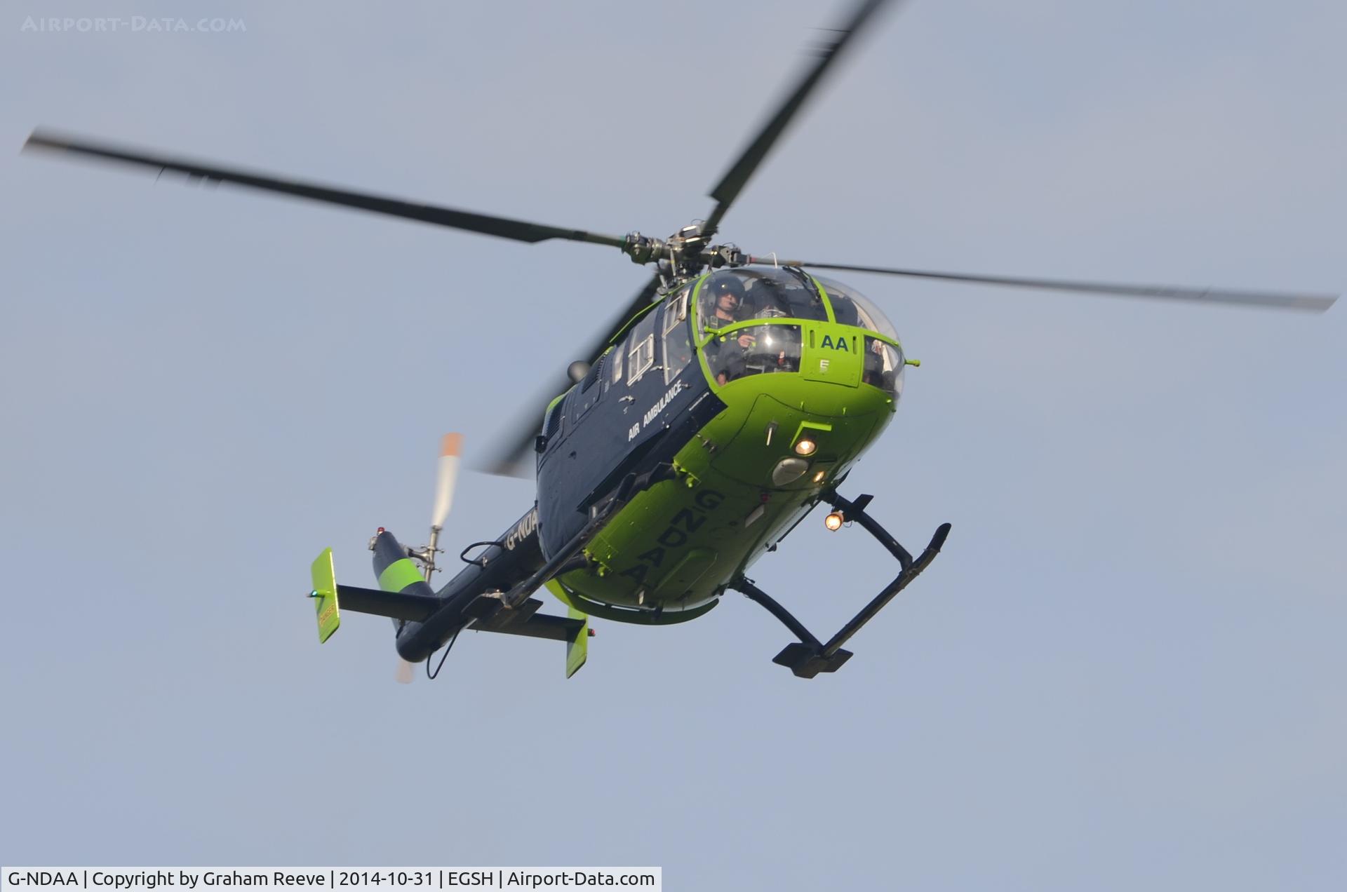 G-NDAA, 1974 MBB Bo-105DBS-4 C/N S-135/914, Departing from Norwich.