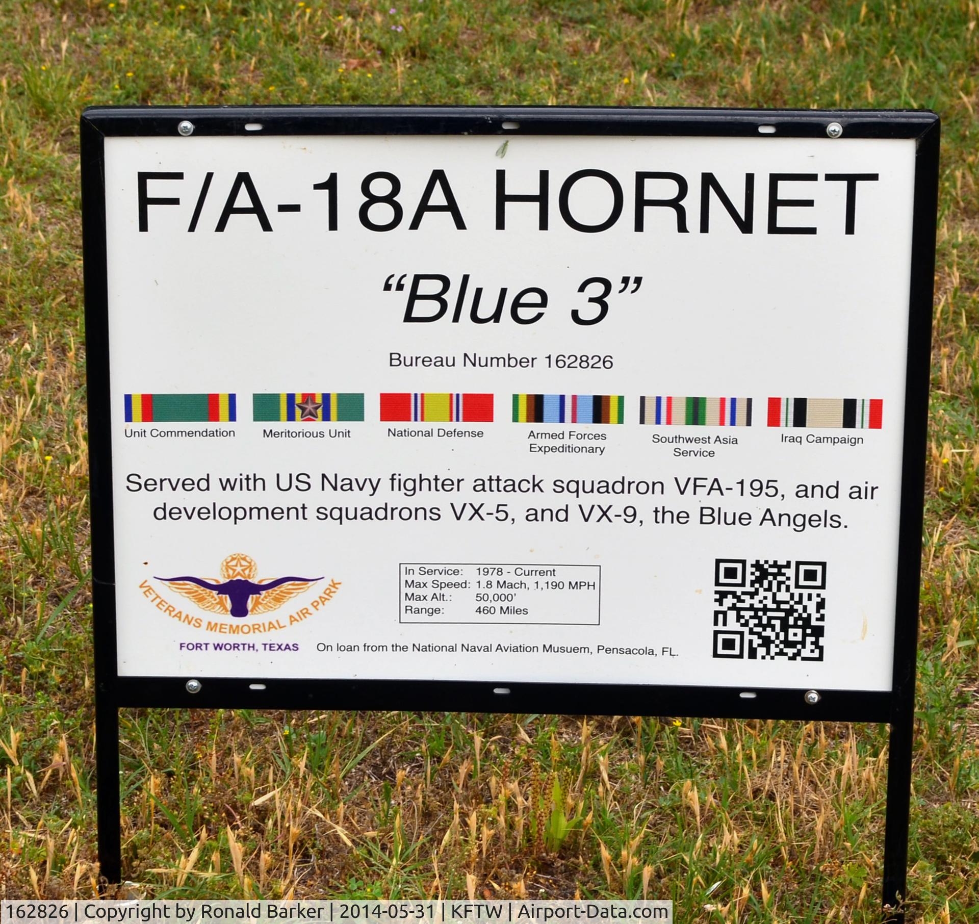 162826, McDonnell Douglas F/A-18A Hornet C/N 0338/A282, Fort Worth Aviation Museum