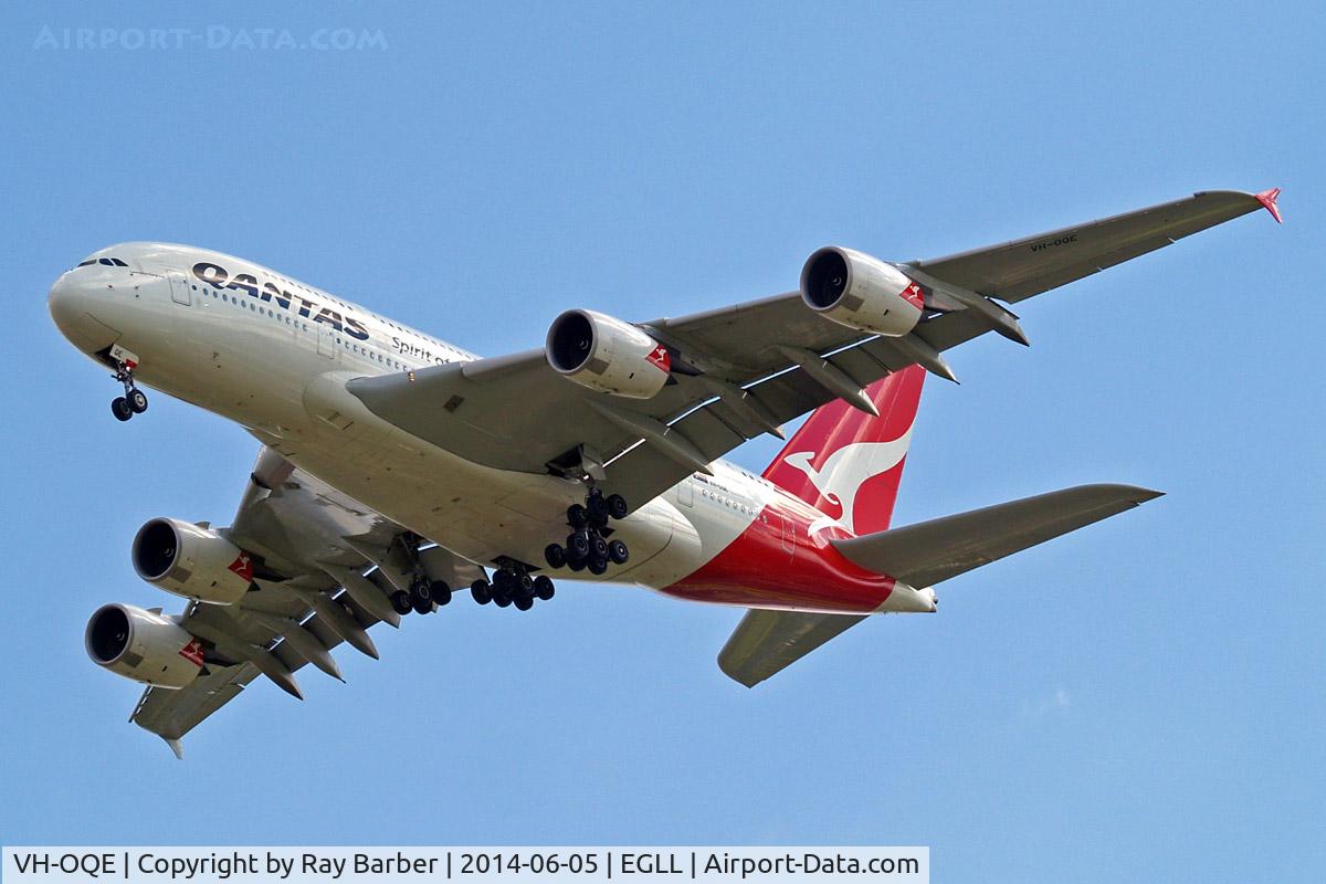VH-OQE, 2009 Airbus A380-842 C/N 027, Airbus A380-841 [027] (QANTAS) Home~G 05/06/2014. On approach 27R.