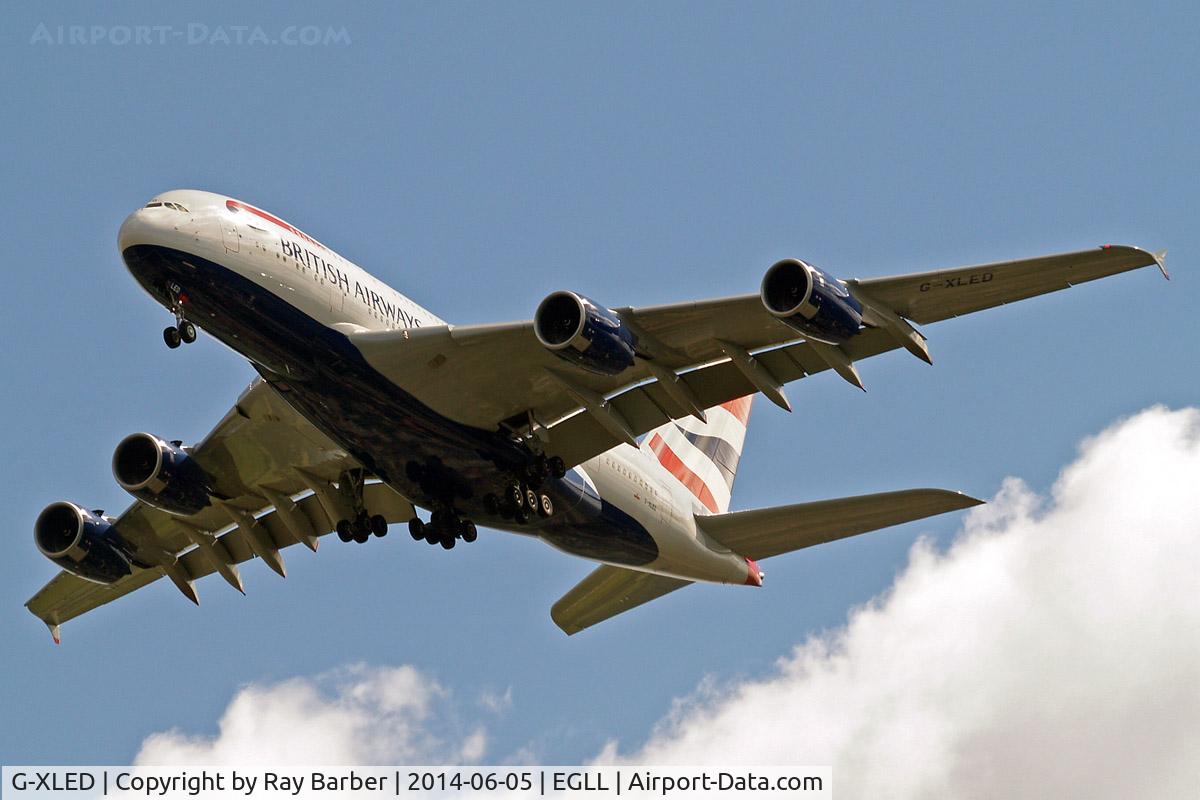 G-XLED, 2013 Airbus A380-841 C/N 144, Airbus A380-841 [144] (British Airways) Home~G 05/06/2014. On approach 27R.