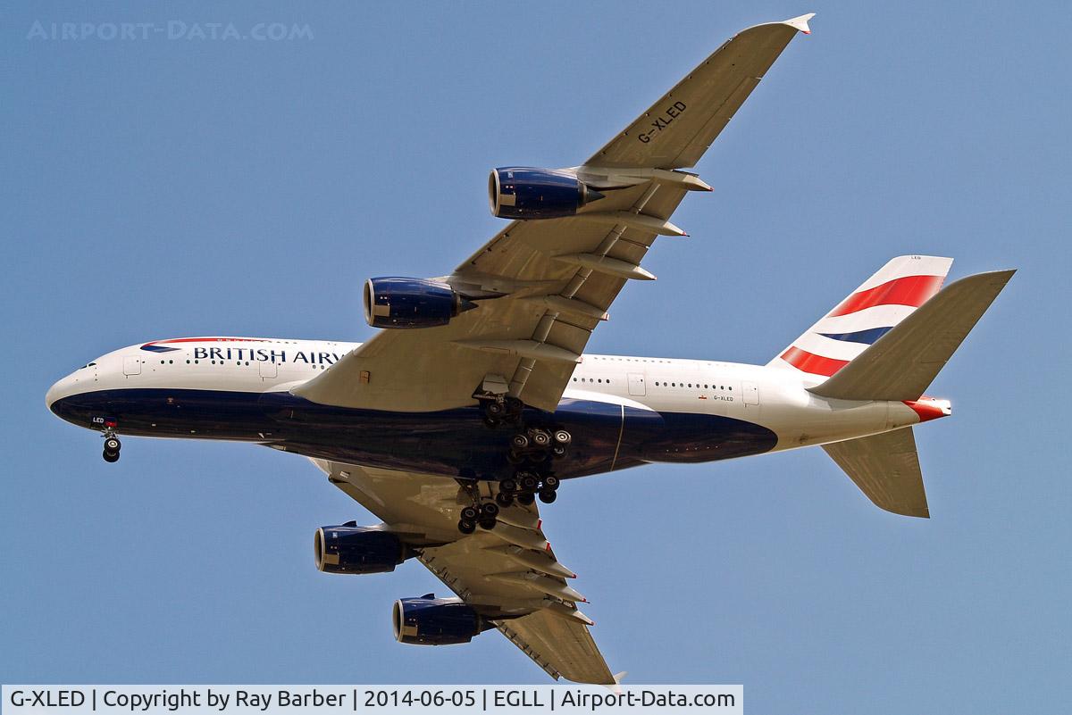 G-XLED, 2013 Airbus A380-841 C/N 144, Airbus A380-841 [144] (British Airways) Home~G 05/06/2014. On approach 27R.