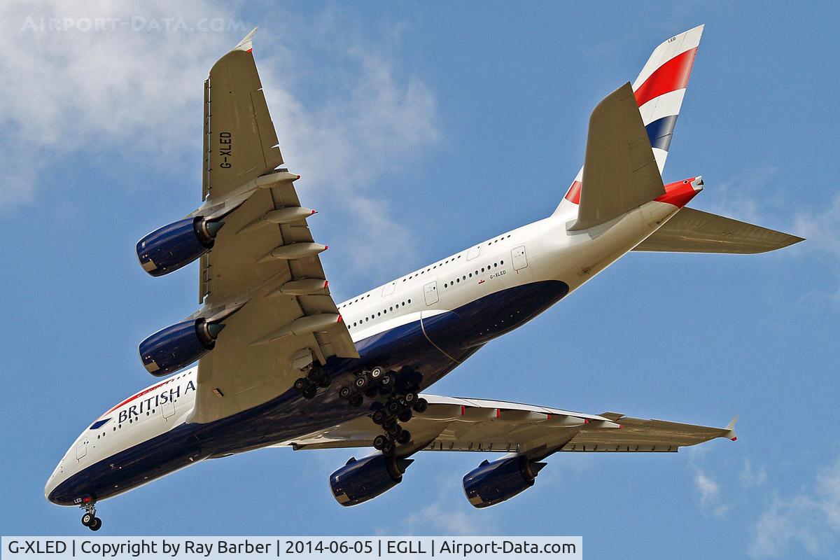 G-XLED, 2013 Airbus A380-841 C/N 144, Airbus A380-841 [144] (British Airways) Home~G 05/06/2014. On approach 27R.