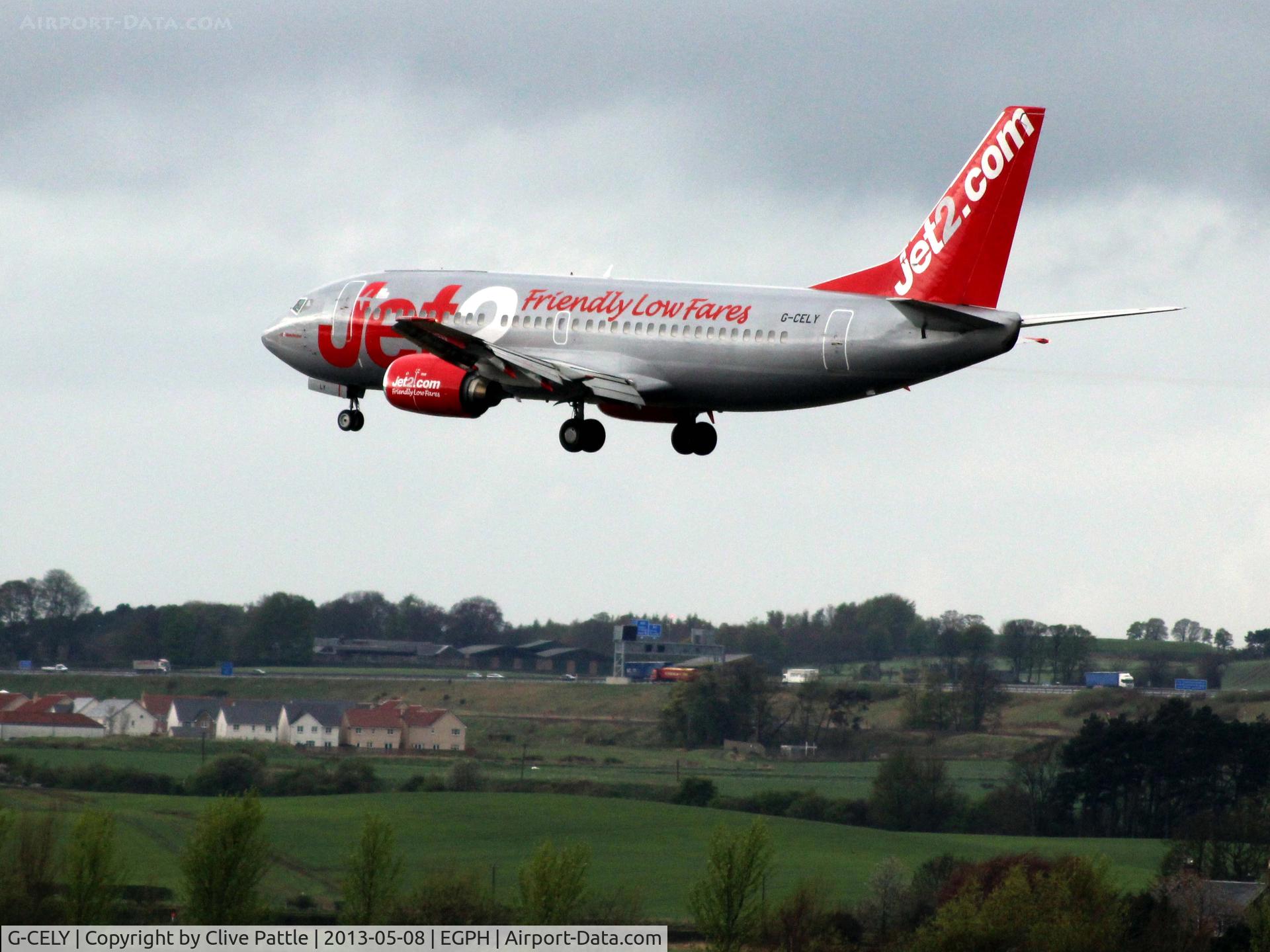 G-CELY, 1986 Boeing 737-377(QC) C/N 23662, About to hit terra firma at Edinburgh