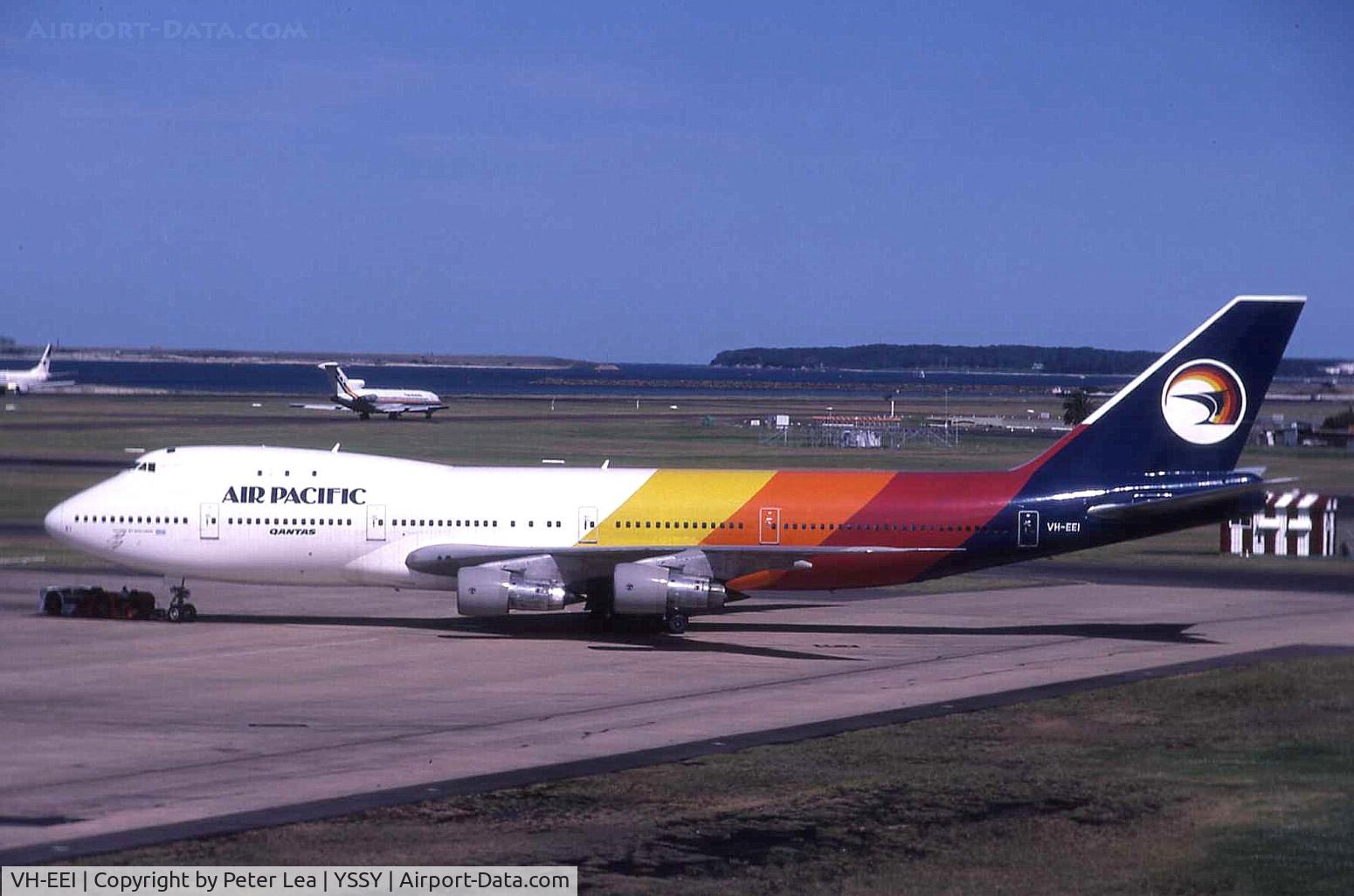 VH-EEI, 1970 Boeing 747-123 C/N 20108, VH-EEI on lease to Qantas & sub-leased to Air Pacific. Photo taken in 1988.