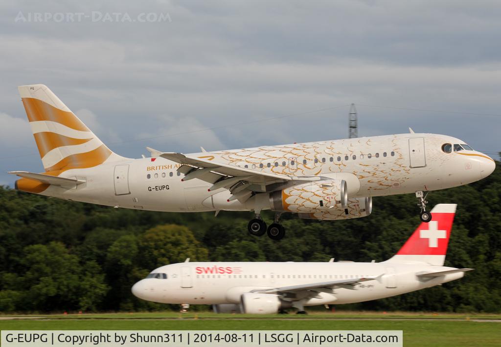 G-EUPG, 2000 Airbus A319-131 C/N 1222, Landing rwy 23 in Dove c/s