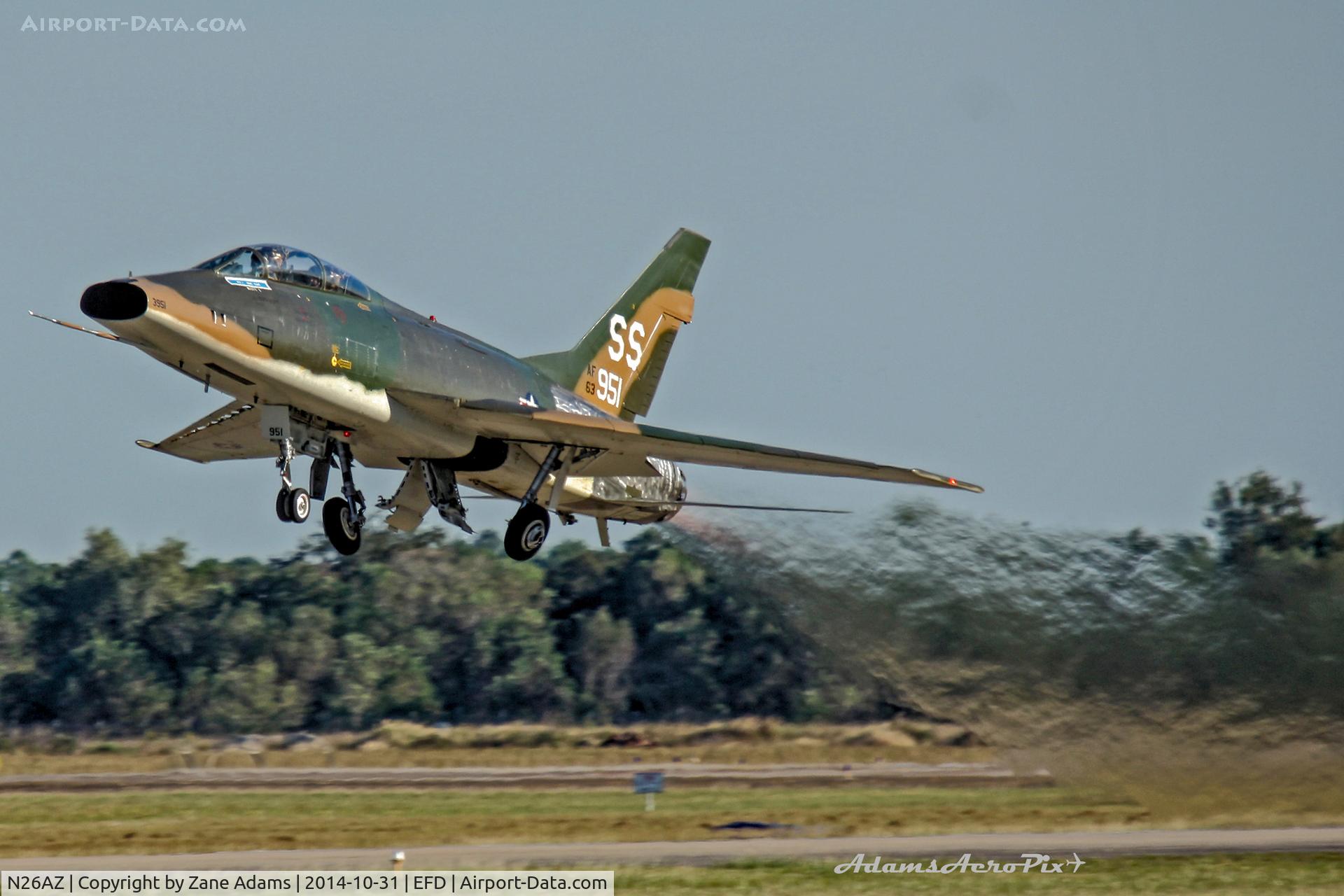 N26AZ, 1956 North American F-100F-10-NA Super Sabre C/N 56-3844 (243-120), Collings Foundation's F-100 departing Ellington Field during the 2014 Wings Over Houston Airshow.