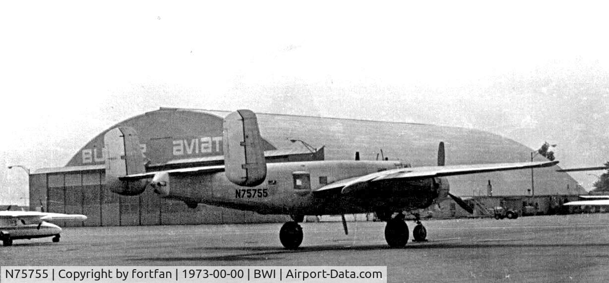 N75755, 1945 North American B-25J Mitchell Mitchell C/N 108-47734, I took this photo in 1973 at what was Friendship Airport (now Baltimore/Washington International Thurgood Marshall Airport) Still airworthy, flying as Grumpy with the Canadian Warplane Heritage Museum per this site: www.warbirdregistry.org
