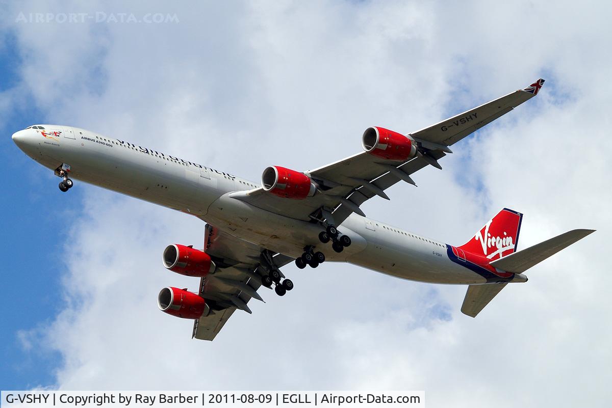 G-VSHY, 2002 Airbus A340-642 C/N 383, Airbus A340-642 [383] (Virgin Atlantic) Home~G 09/08/2011. On approach 27R.