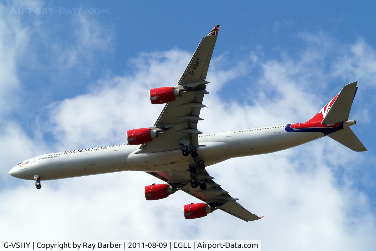 G-VSHY, 2002 Airbus A340-642 C/N 383, Airbus A340-642 [383] (Virgin Atlantic) Home~G 09/08/2011. On approach 27R.