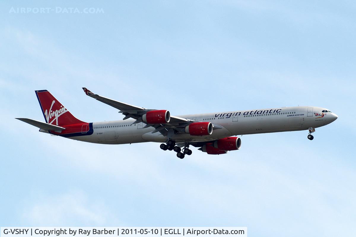 G-VSHY, 2002 Airbus A340-642 C/N 383, G-VSHY   Airbus A340-642 [383] (Virgin Atlantic) Home~G 10/05/2011. On approach 27L.