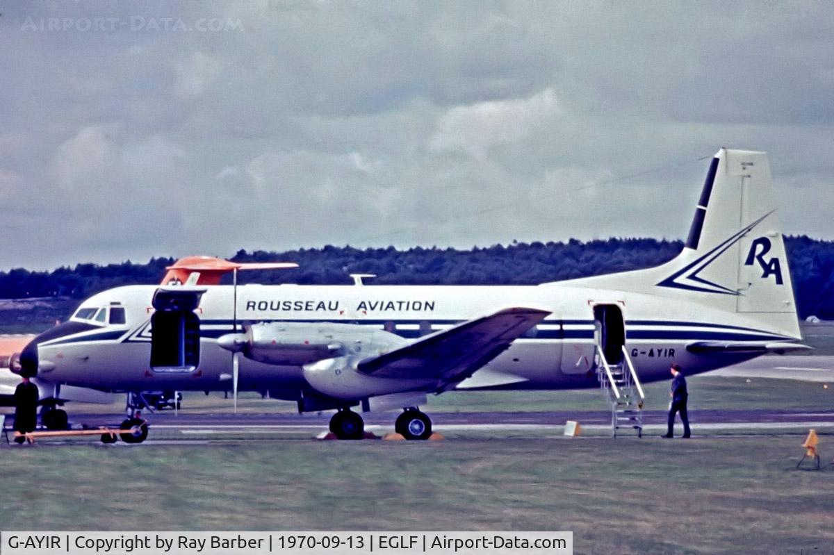 G-AYIR, 1970 Hawker Siddeley HS.748 Series 2A C/N 1681, Avro 748 Srs.2A/264 [1681] (Rousseau Aviation) Farnborough~G 13/09/1970. From a slide.