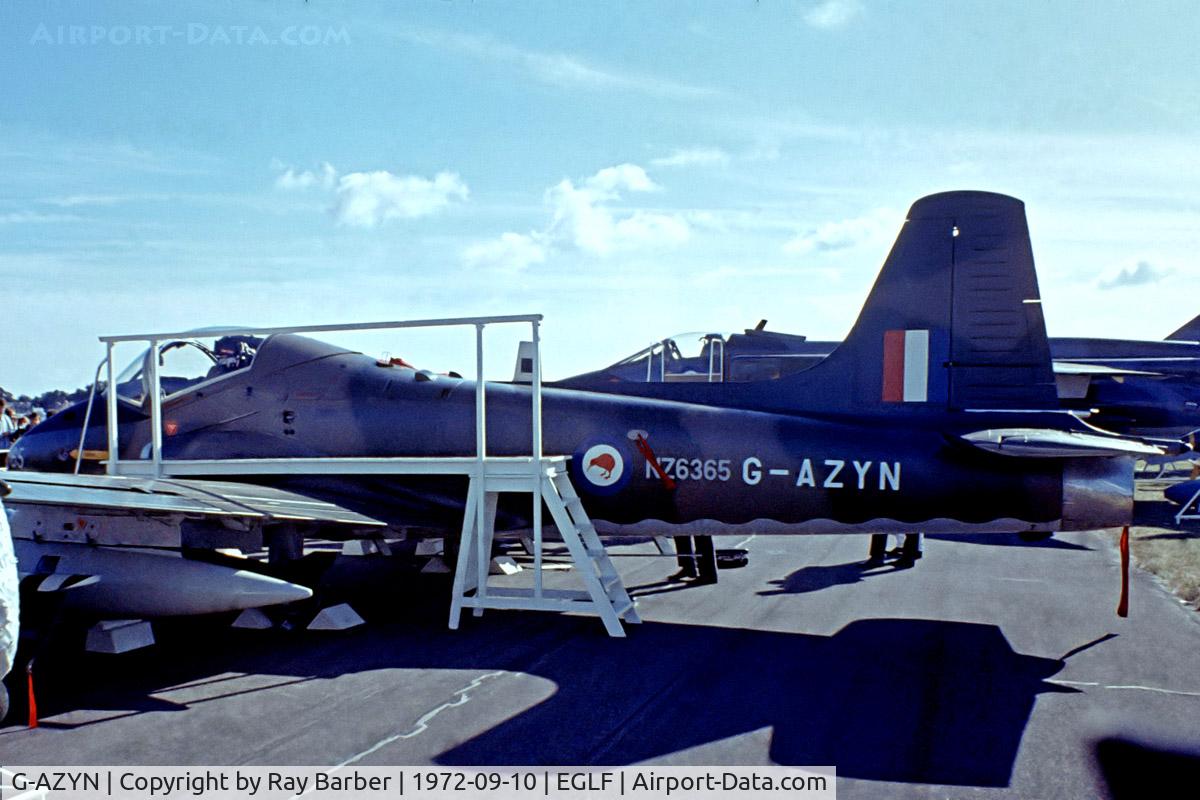 G-AZYN, 1972 BAC 167 Strikemaster Mk.88 C/N 305, BAC Strikemaster Mk.88 [PS.305] Farnborough~G 10/09/1972. Joined New Zealand Air Force after the Farnborough Air Show. Taken from a slide.