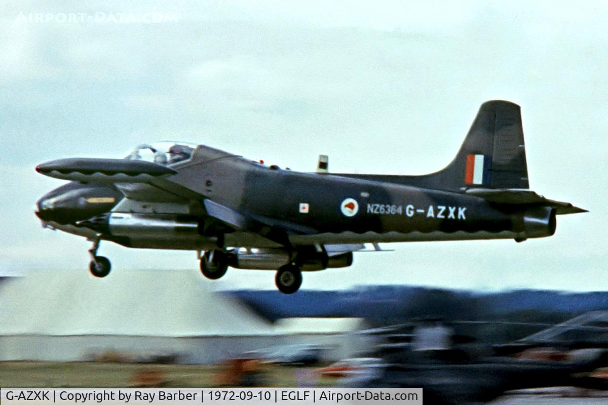 G-AZXK, 1972 BAC 167 Strikemaster Mk.88 C/N 304, BAC Strikemaster Mk.88 [EEP/JP/3236] Farnborough~G 10/09/1972. Joined the New Zealand Air Force after the Farnborough Air Show. Taken from a slide.