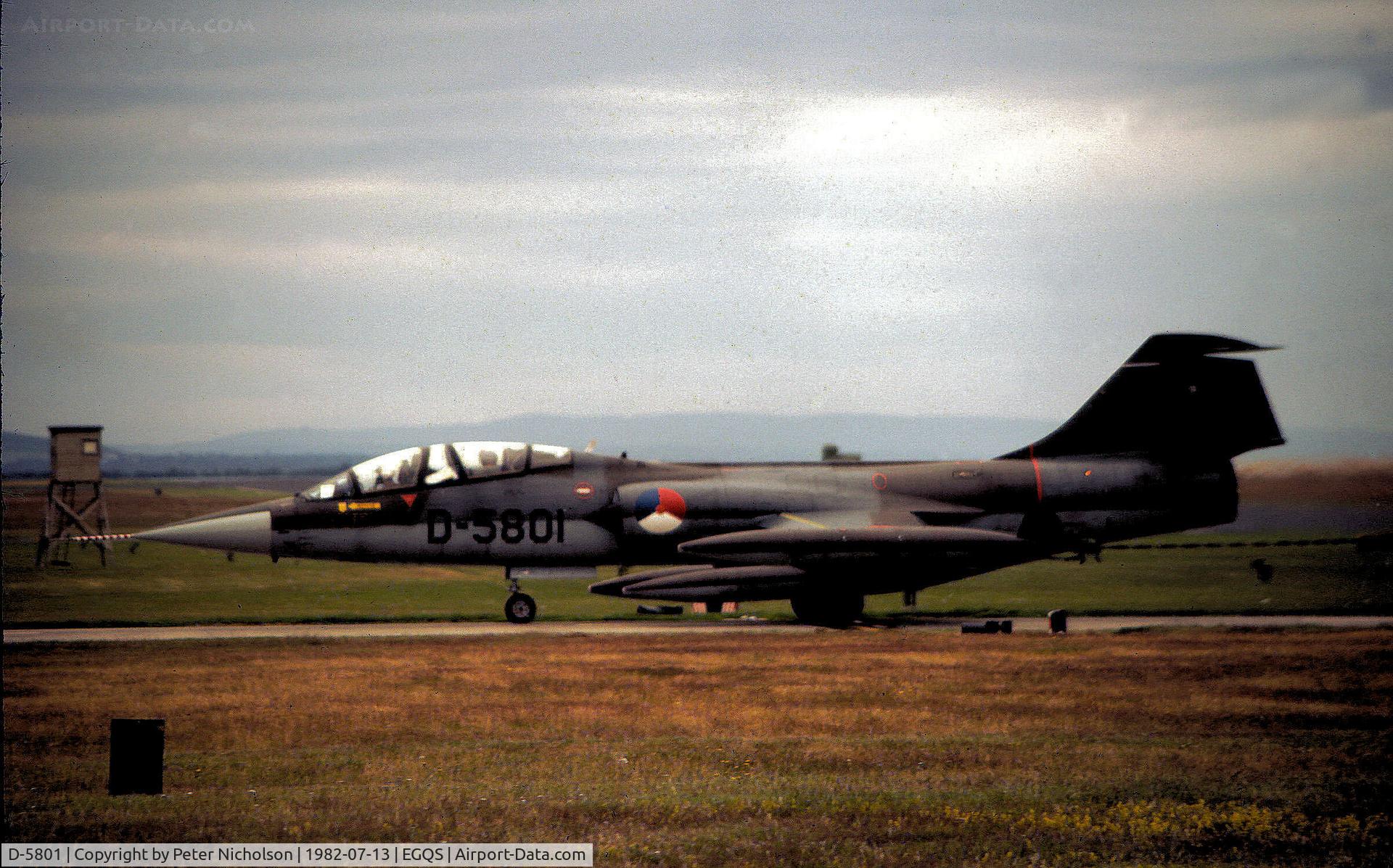 D-5801, Lockheed TF-104G Starfighter C/N 583E-5801, Royal Netherlands Air Force CAV TF-104G Starfighter leaving the active runway at RAF Lossiemouth in the Summer of 1982.