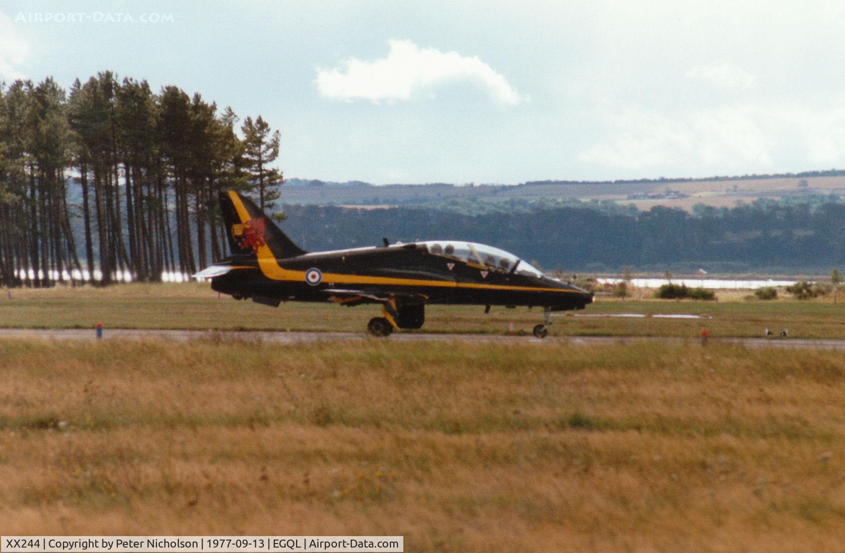 XX244, 1978 Hawker Siddeley Hawk T.1 C/N 080/312080, Hawk T.1 of 74(Reserve) Squadron preparing for take-off at the 1977 RAF Leuchars Airshow.