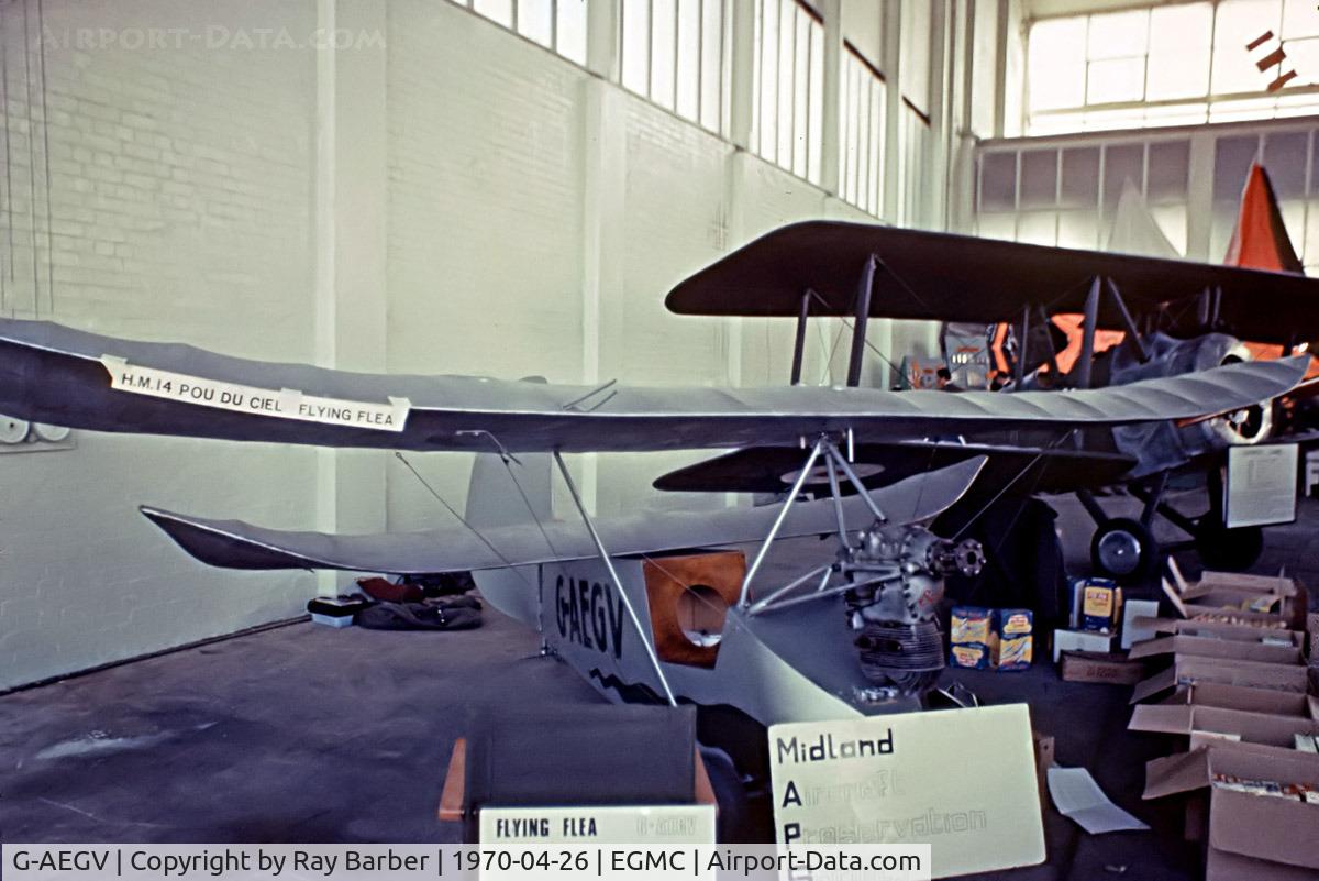 G-AEGV, Mignet HM.14 Pou-du-Ciel C/N EMAC1, Mignet HM.14 Pou-du-Ciel [EMAC.1] Southend~G 26/04/1970. From a slide.
