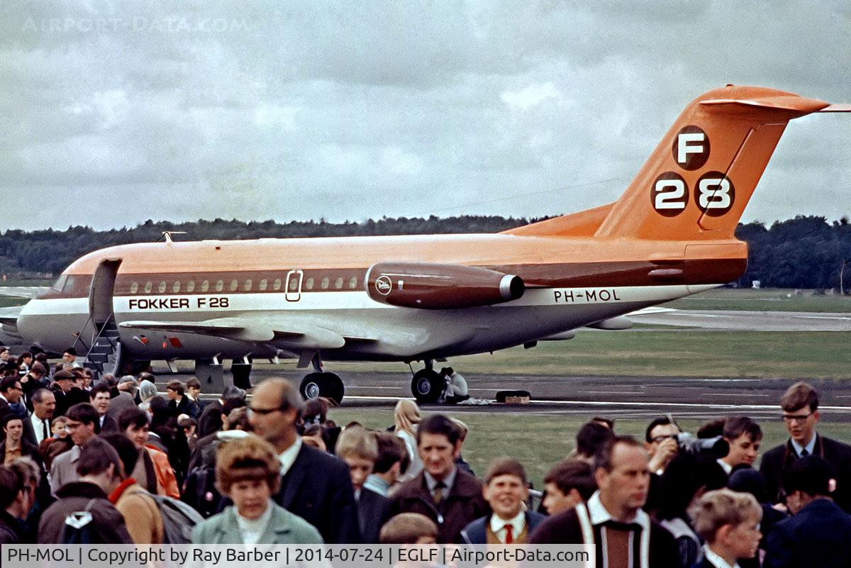 PH-MOL, 1969 Fokker F.28-1000 Fellowship C/N 11003, Fokker F-28-1000 Fellowship [11003] (Fokker) Farnborough~G 13/09/1970. Taken from a slide.