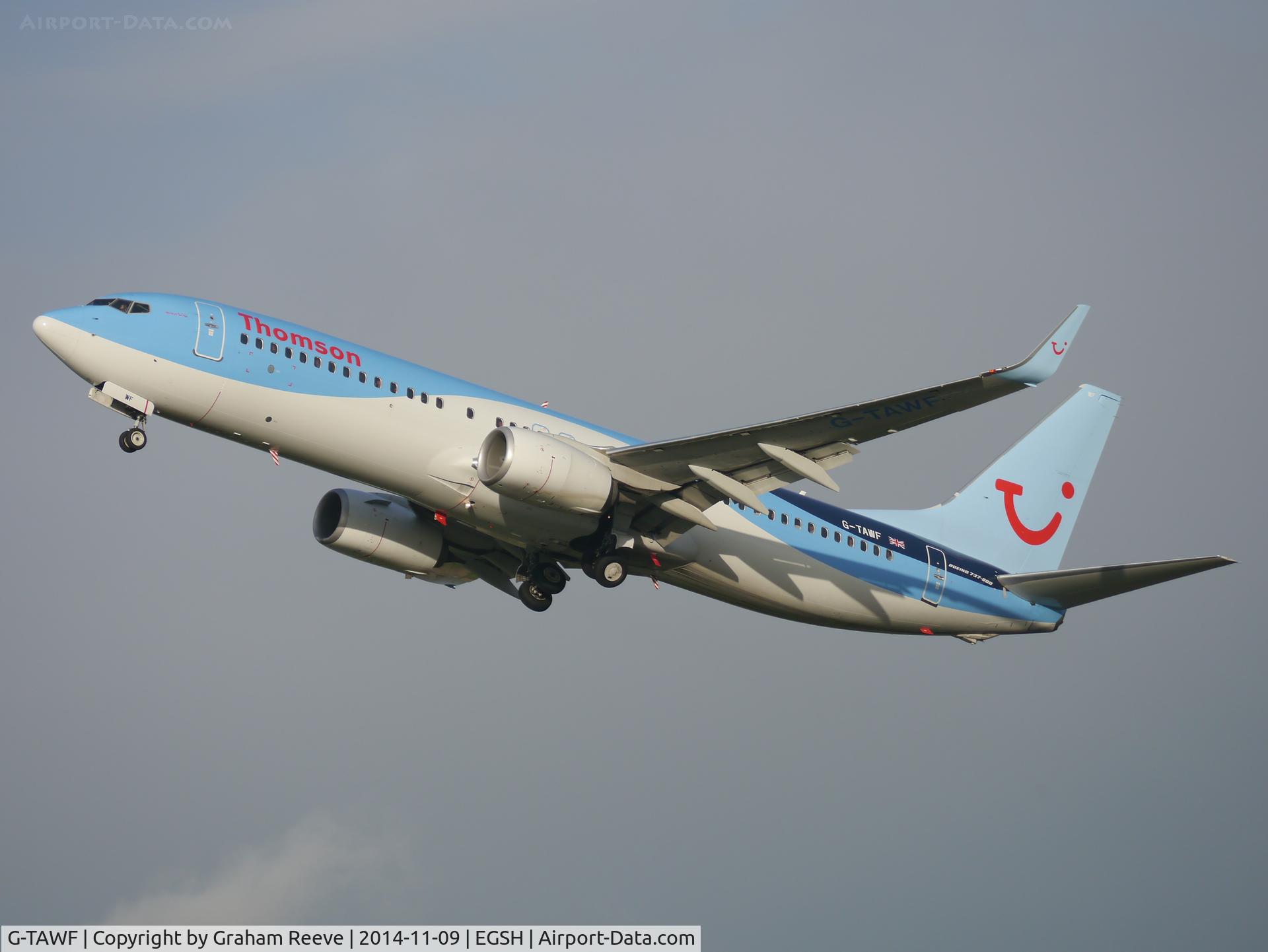 G-TAWF, 2012 Boeing 737-8K5 C/N 37244, Departing from Norwich.